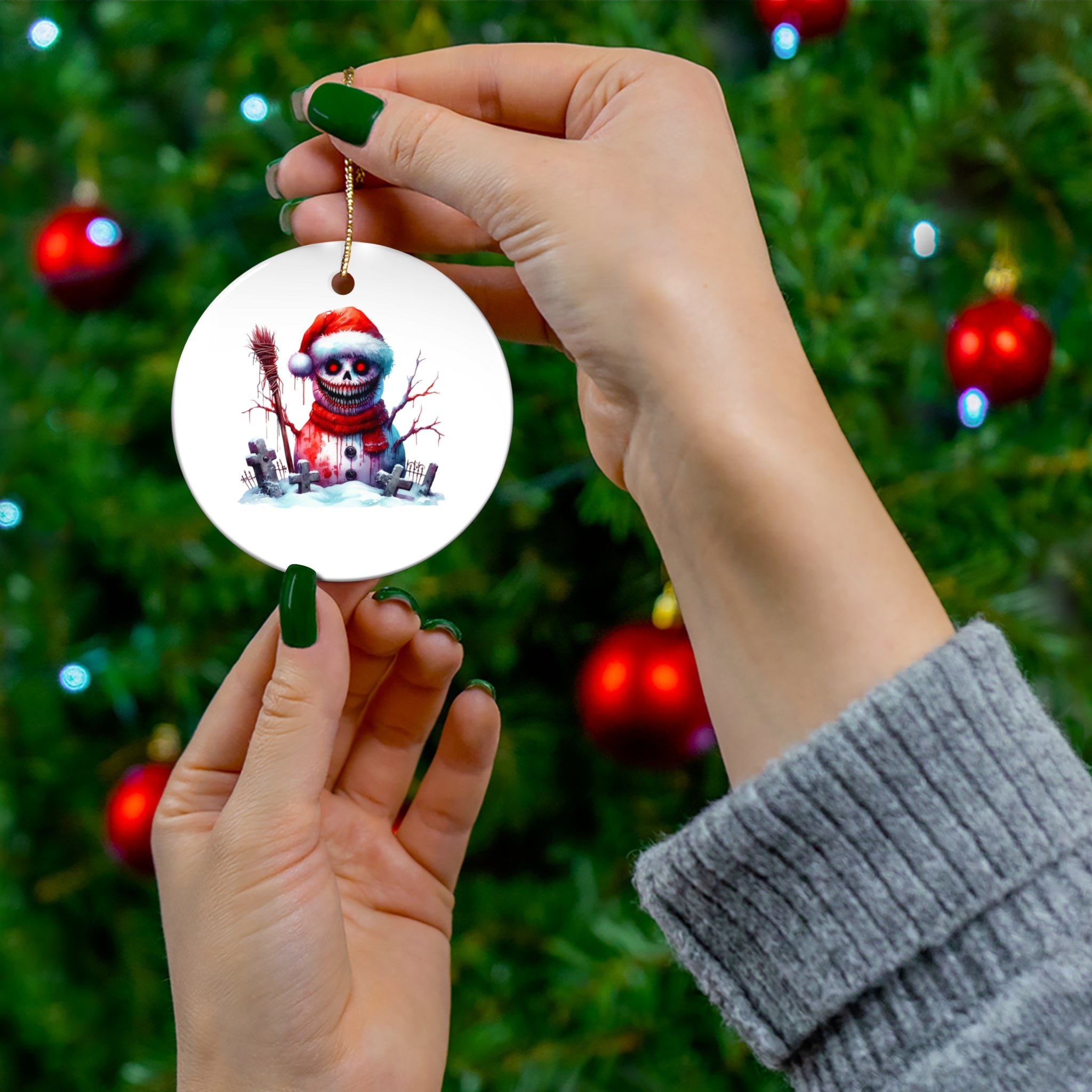Gothic holiday ornament featuring a snow creature illustration on glossy white ceramic.