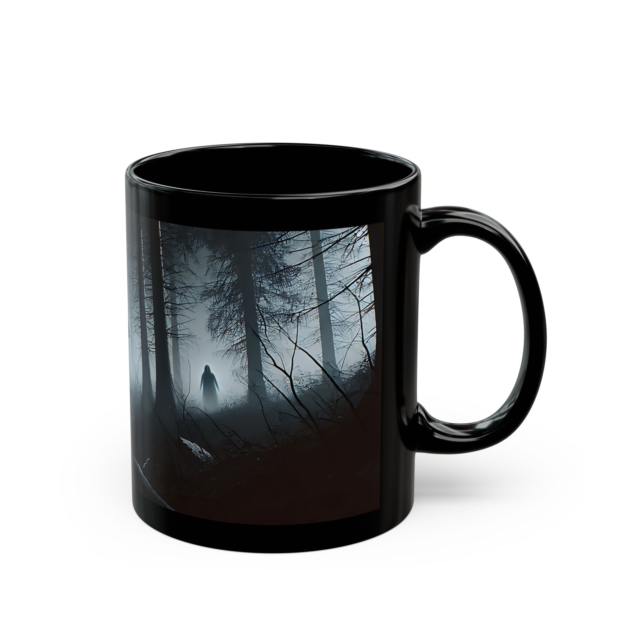 Black mug with a forest design on a white background