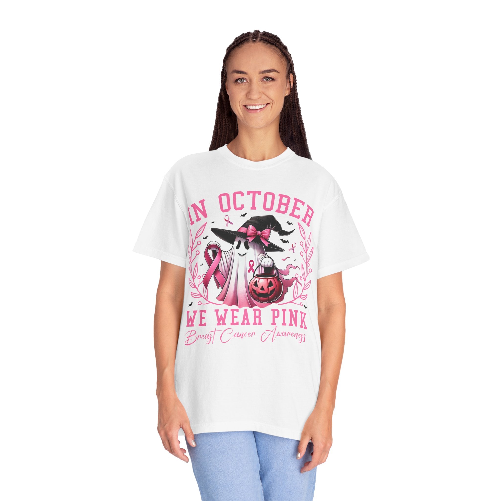 In October We Wear Pink T-Shirt 👻🎀 | Dark Grey Unisex Ghost & Breast Cancer Awareness Tee 💖🩷
