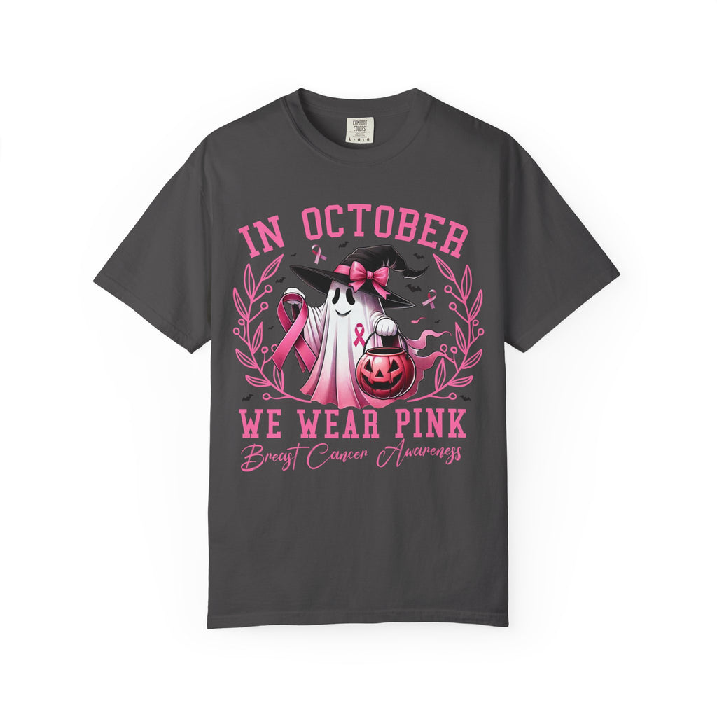 In October We Wear Pink T-Shirt 👻🎀 | Dark Grey Unisex Ghost & Breast Cancer Awareness Tee 💖🩷