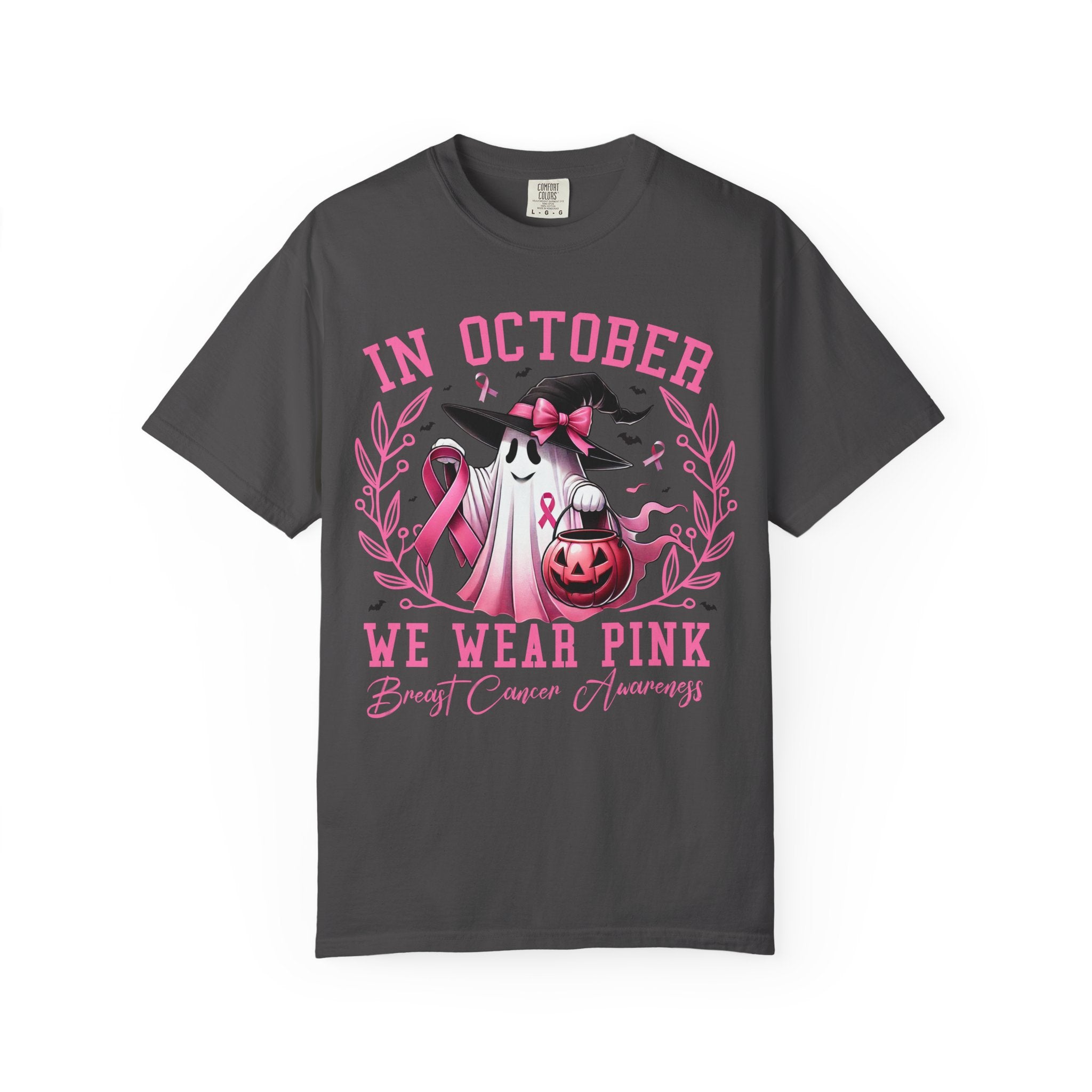 In October We Wear Pink T-Shirt 👻🎀 | Dark Grey Unisex Ghost & Breast Cancer Awareness Tee 💖🩷