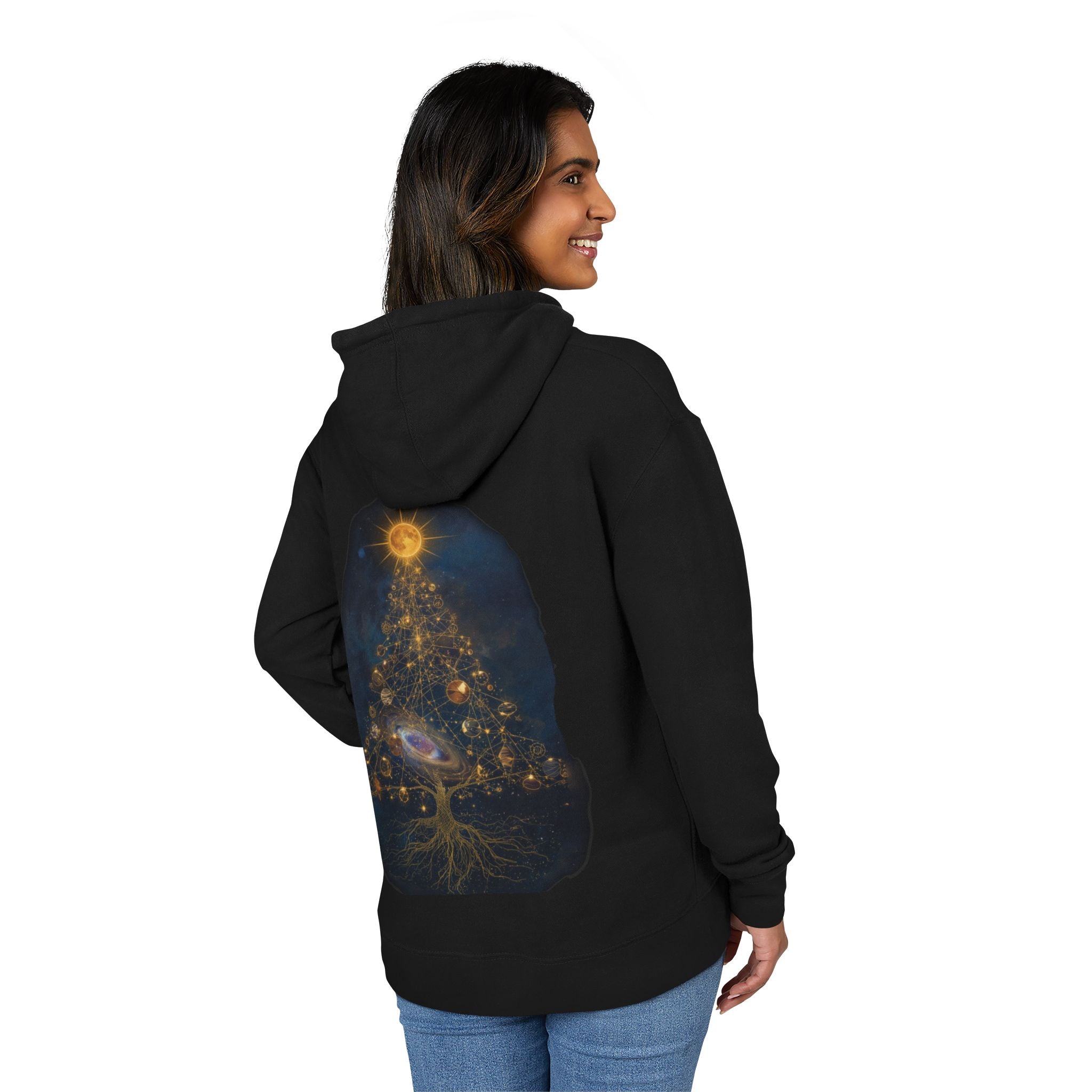 Close-up of French terry hoodie highlighting celestial solstice tree print on back, soft texture, rich colors, and details of corner chest emblem on the front.
