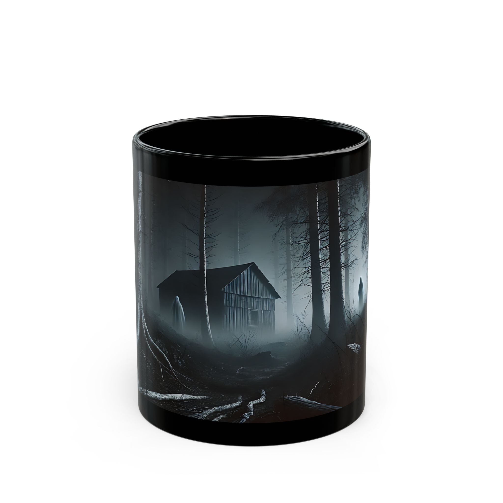 Black cylindrical mug with a forest design on a white background