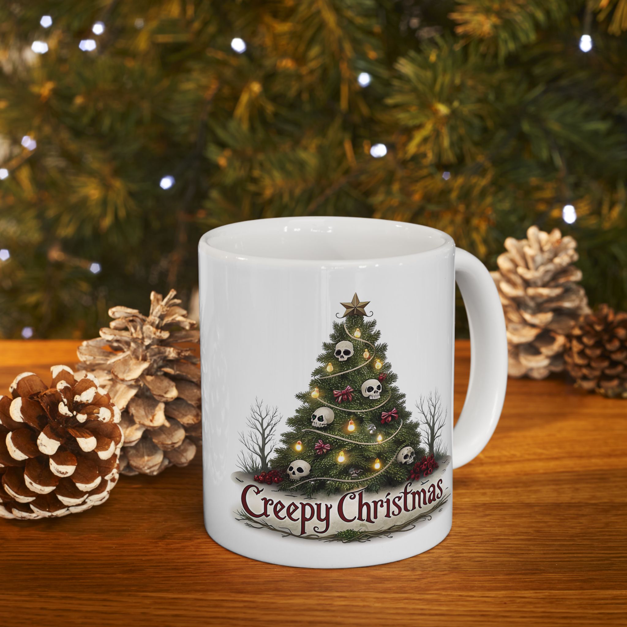 11oz Creepy Christmas mug showing a skull-adorned Christmas tree on glossy white ceramic