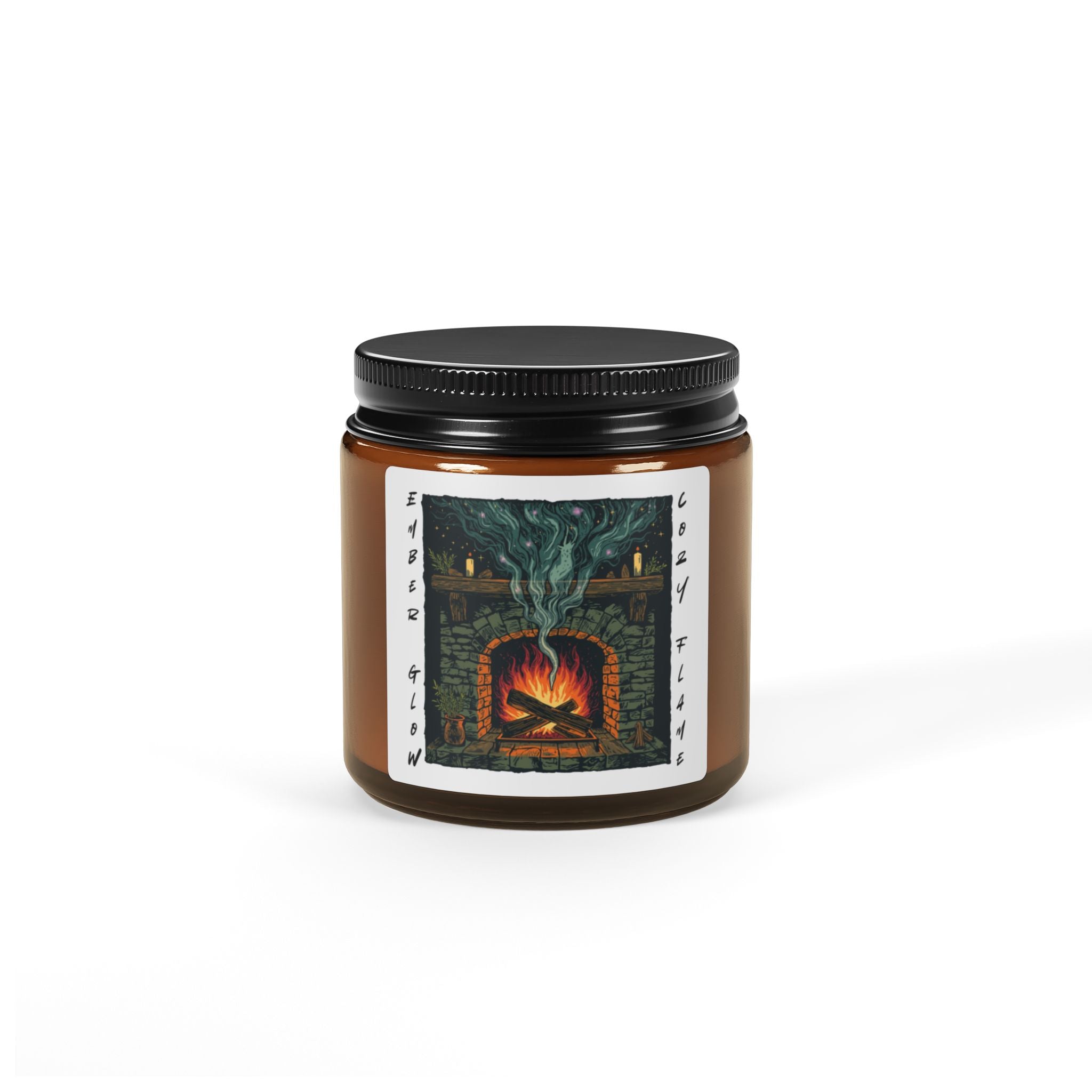Candle jar with a decorative label featuring a fireplace design on a white background