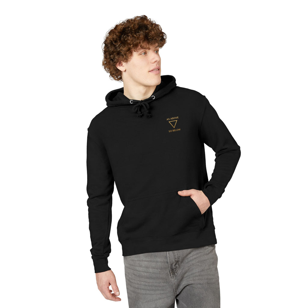 Man wearing a black hoodie with a logo on a white background