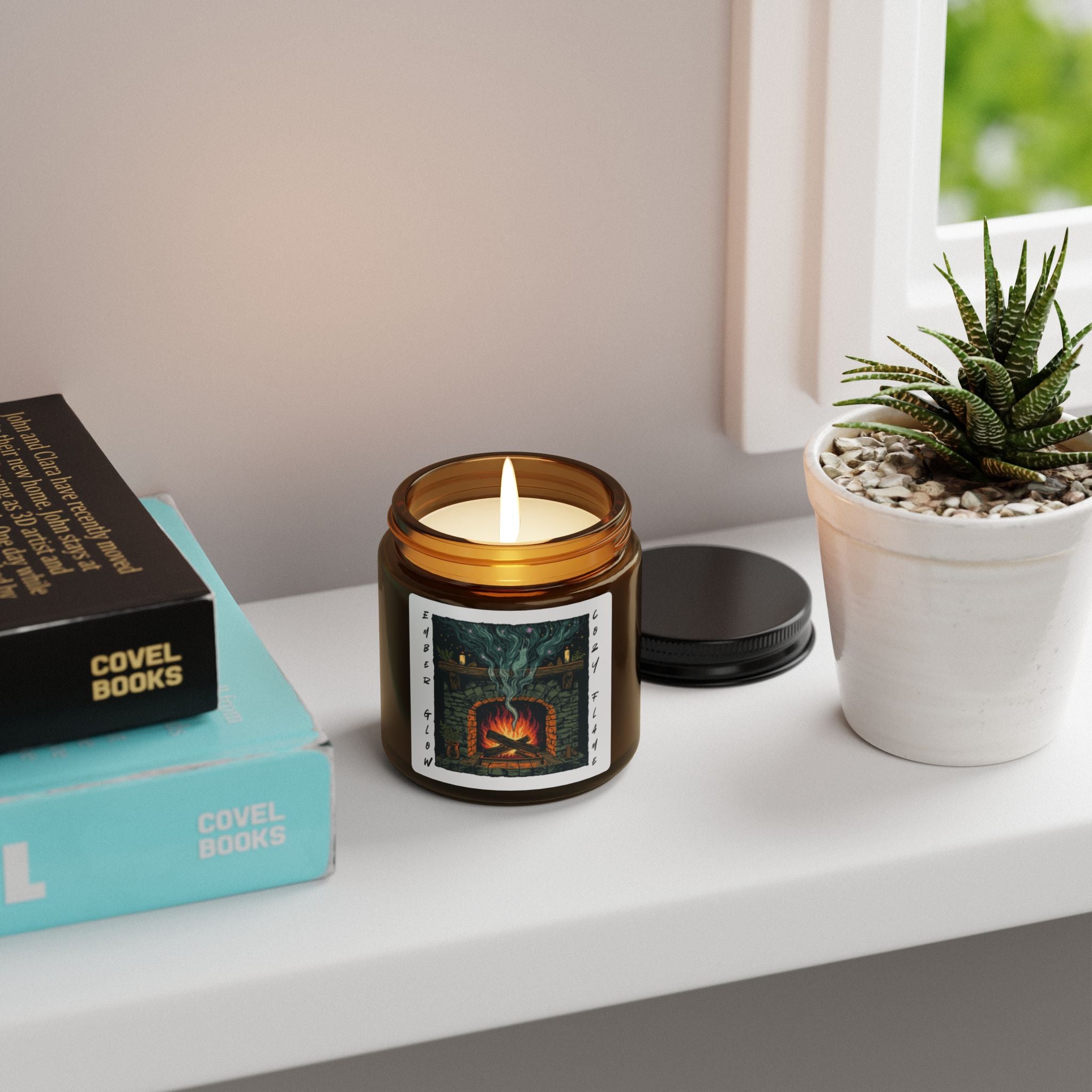 Candle in a glass jar with a label on a shelf next to books and a plant