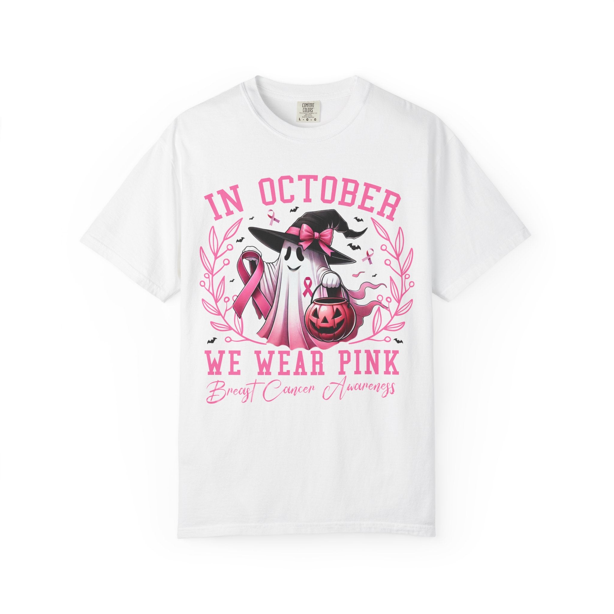 In October We Wear Pink T-Shirt 👻🎀 | Dark Grey Unisex Ghost & Breast Cancer Awareness Tee 💖🩷