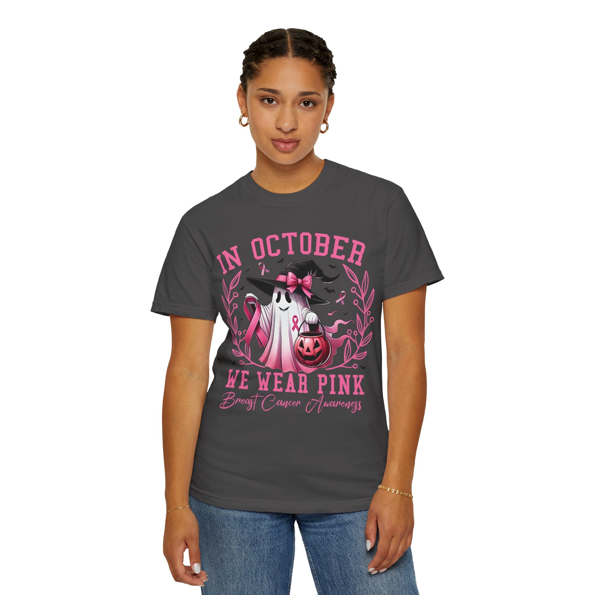 In October We Wear Pink T-Shirt 👻🎀 | Dark Grey Unisex Ghost & Breast Cancer Awareness Tee 💖🩷