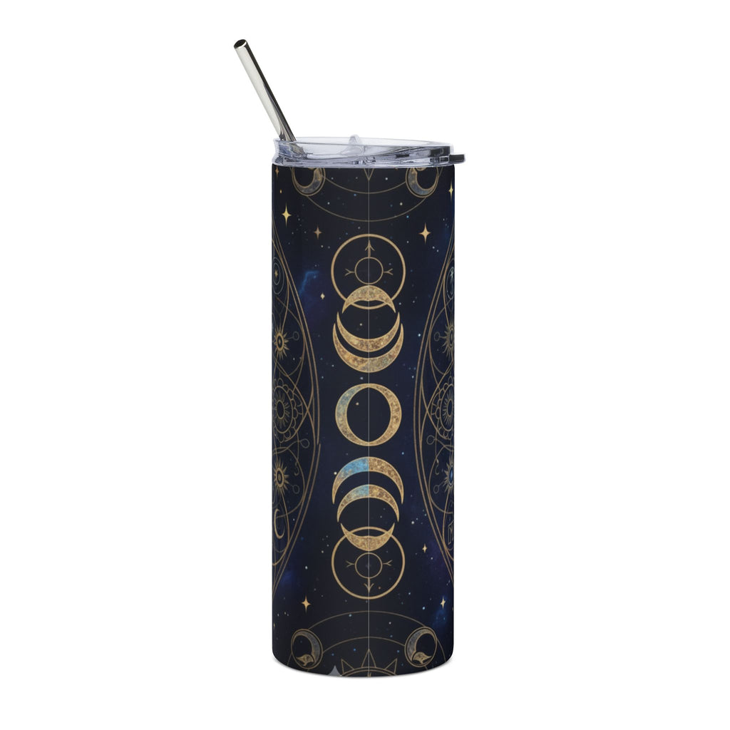 Witchy New Year tumbler featuring stars, intricate gears, and midnight navy background