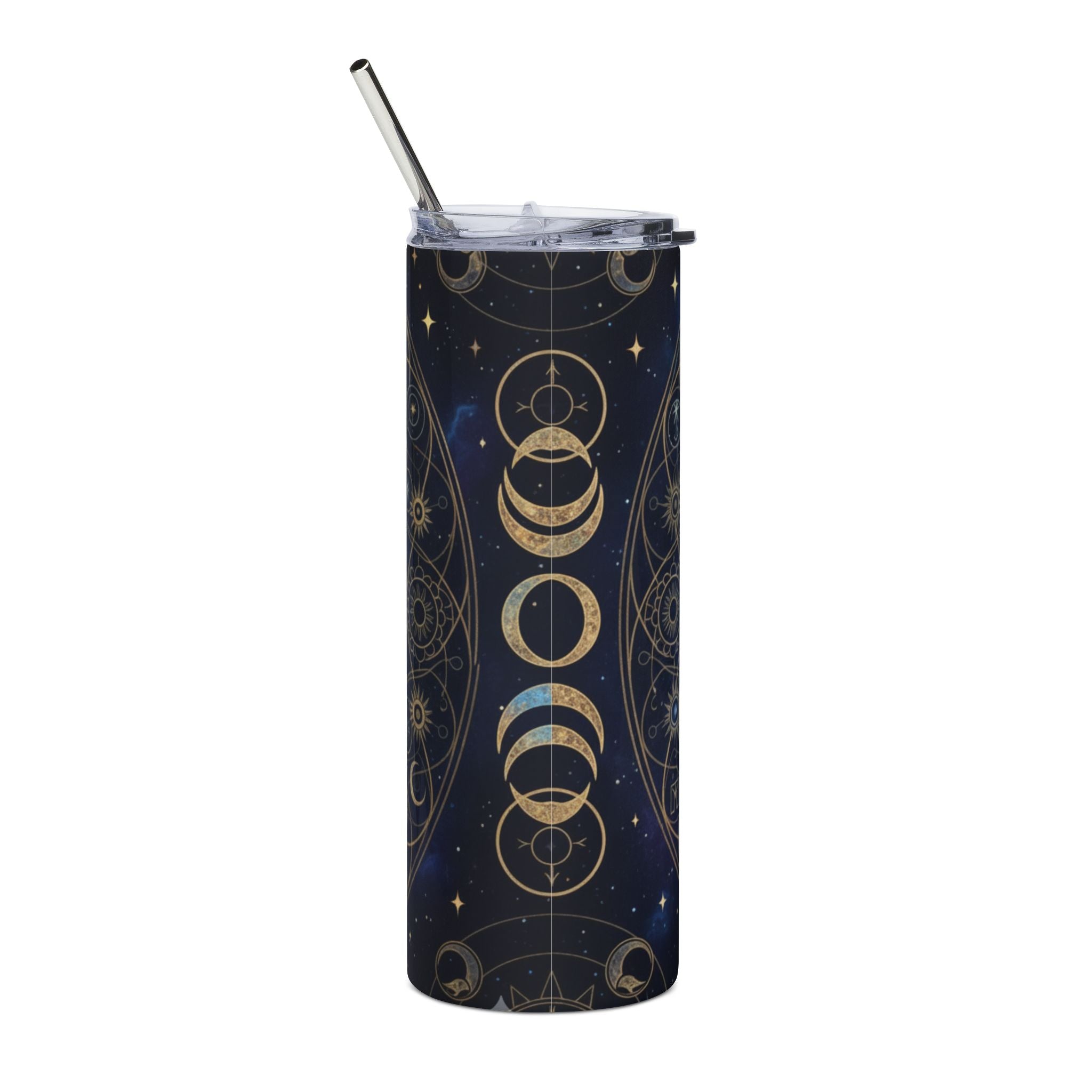 Witchy New Year tumbler featuring stars, intricate gears, and midnight navy background
