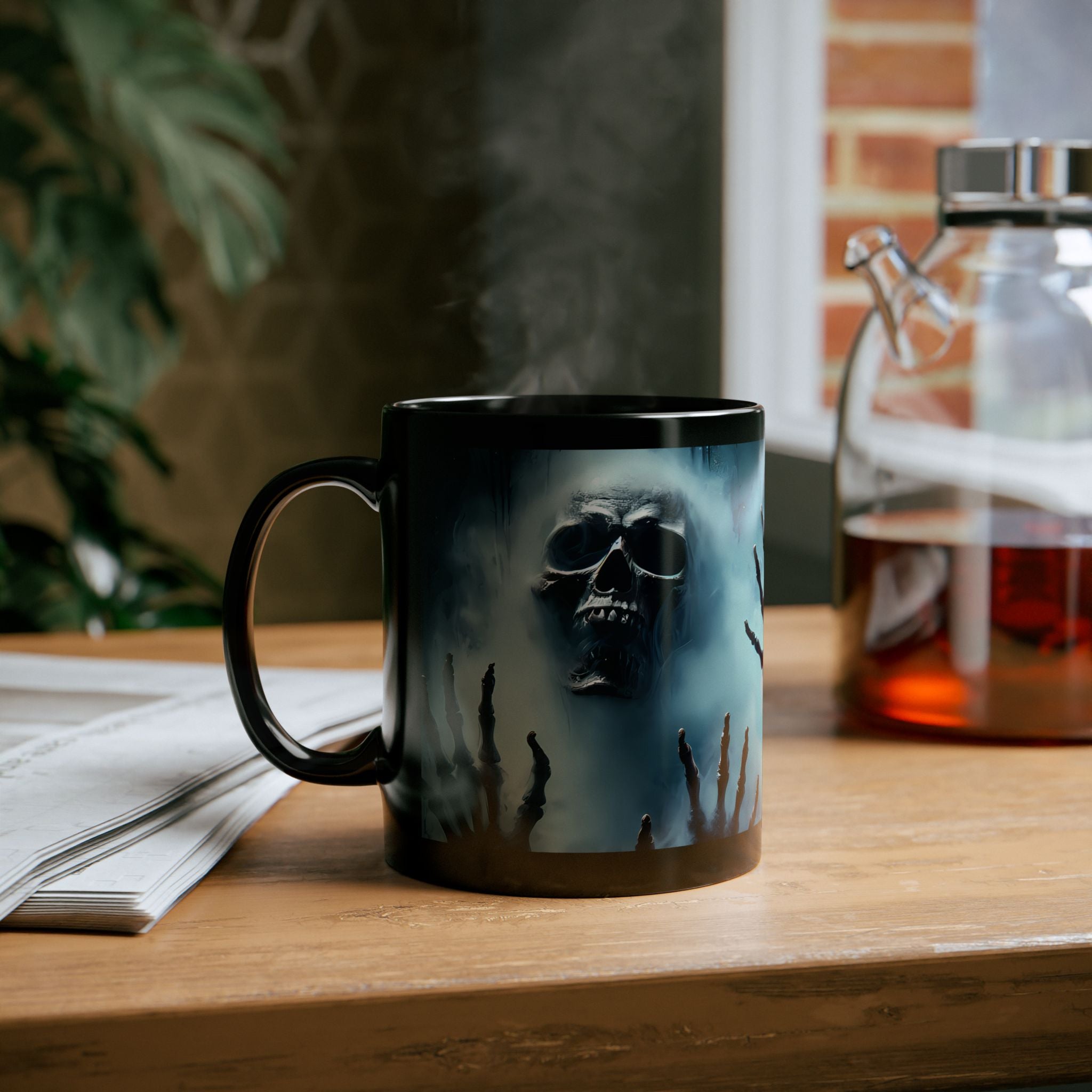Smoky Skull & Skeleton Hands Mug 💀🌫️ | 11oz Black Ceramic Horror Coffee & Tea Cup 🖤☕✨