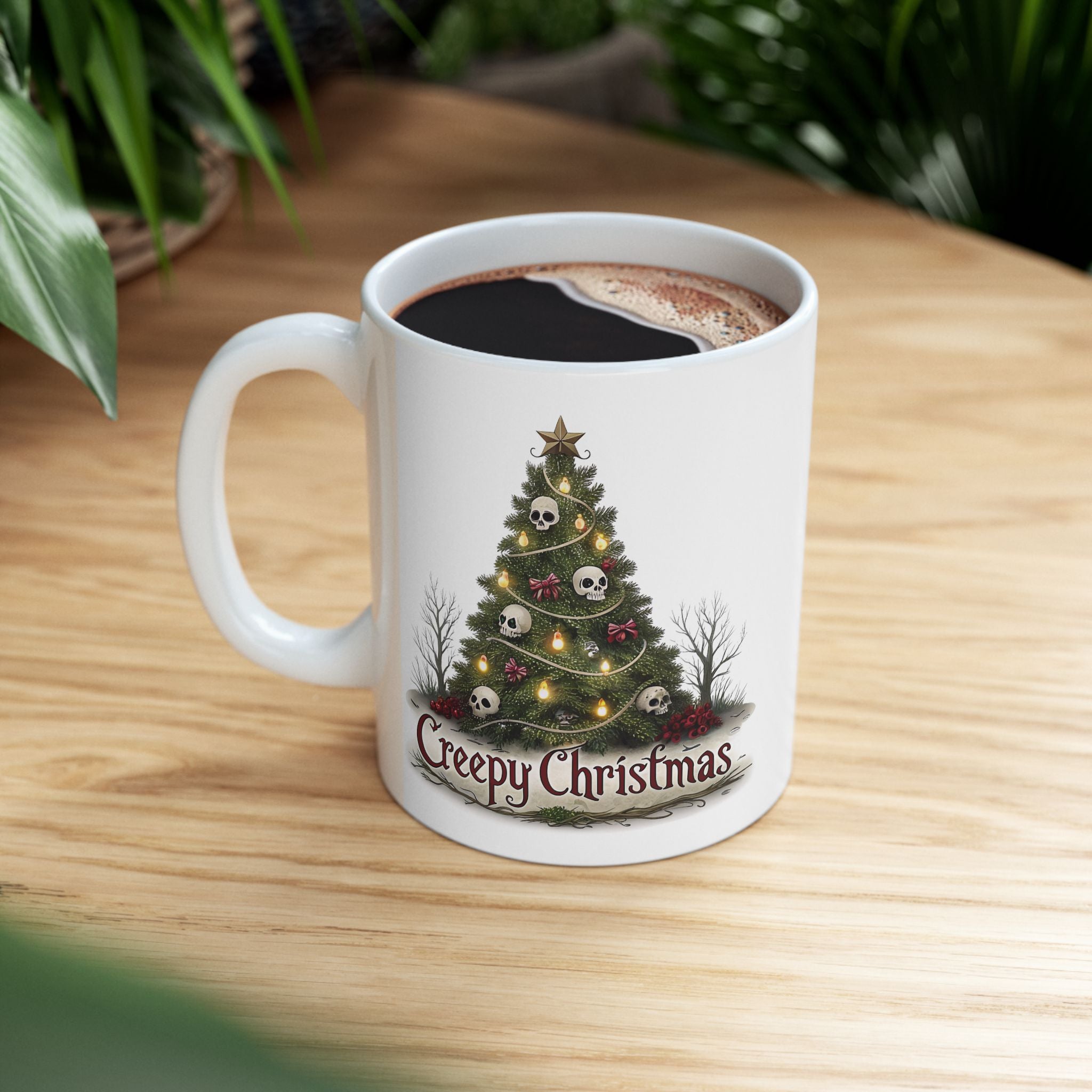 Creepy Christmas mug on white background, full-color high-resolution print of skull Christmas tree