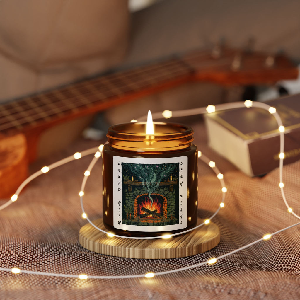 Candle in a decorative jar with a guitar and string lights in the background