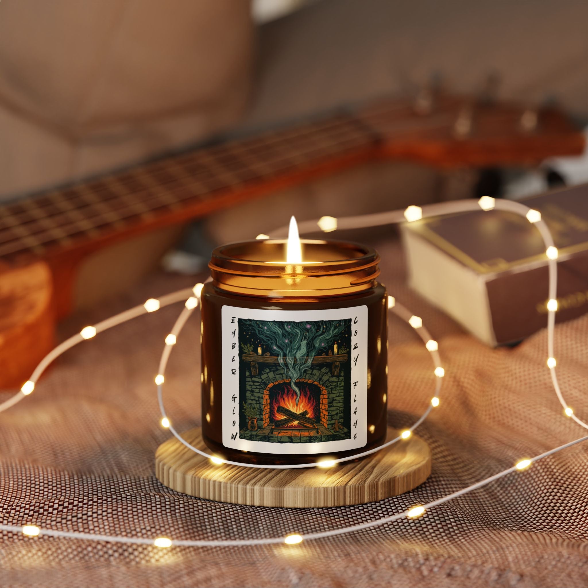 Candle in a decorative jar with a guitar and string lights in the background
