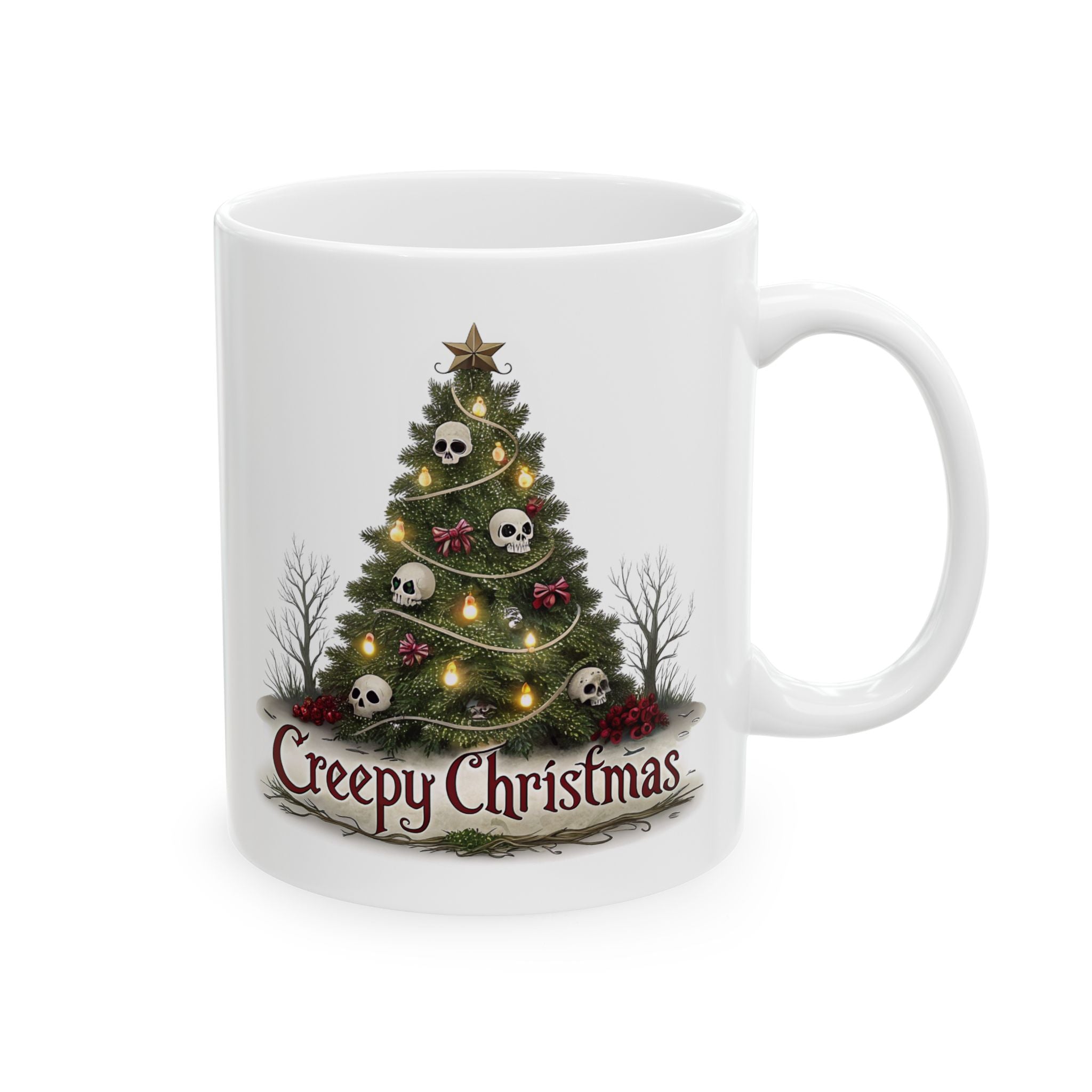 White mug with a Christmas tree design featuring skulls and lights, labeled 'Creepy Christmas'.