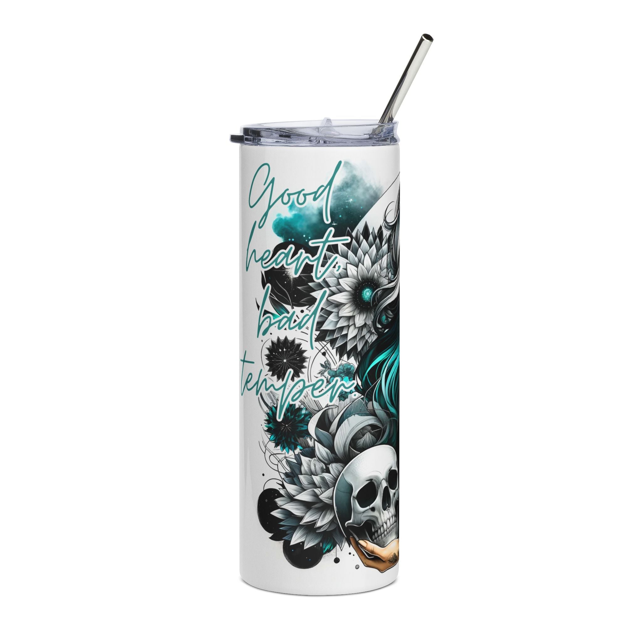 Good Heart Bad Temper Tumbler 🖤💀 | 20oz Stainless Steel Cup with Lid + Straw | Gothic Coffee & Potion Cup ✨☕