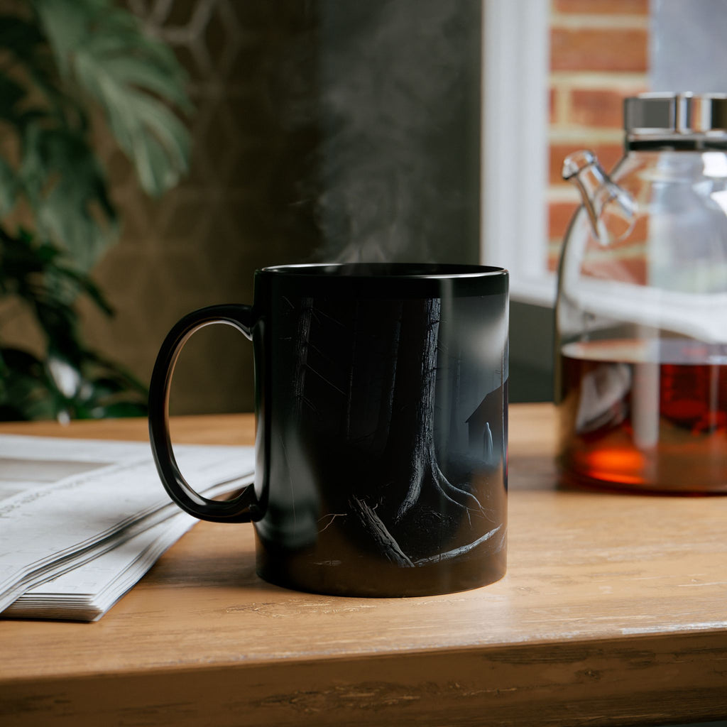 Black mug with a design on a wooden surface next to a newspaper and a glass container.