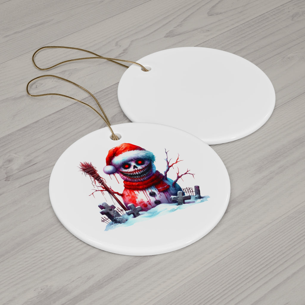 Hand painted style snow creature design on a ceramic ornament in a dark winter graveyard setting