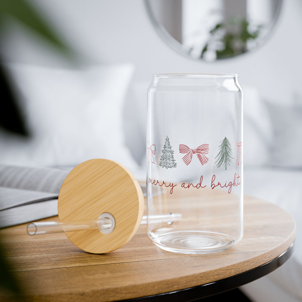 Vintage-style glass cup with festive holiday print, bamboo push-on lid, and Tritan straw.