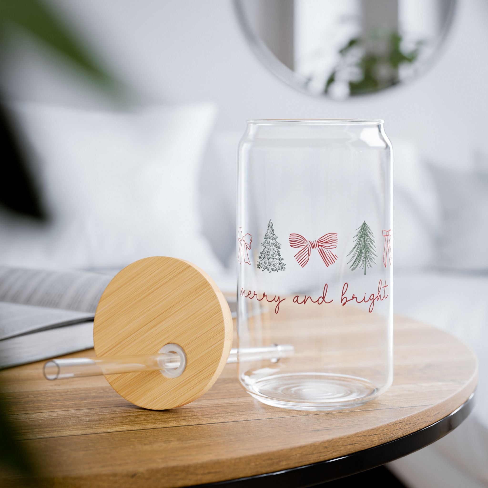 Vintage-style glass cup with festive holiday print, bamboo push-on lid, and Tritan straw.