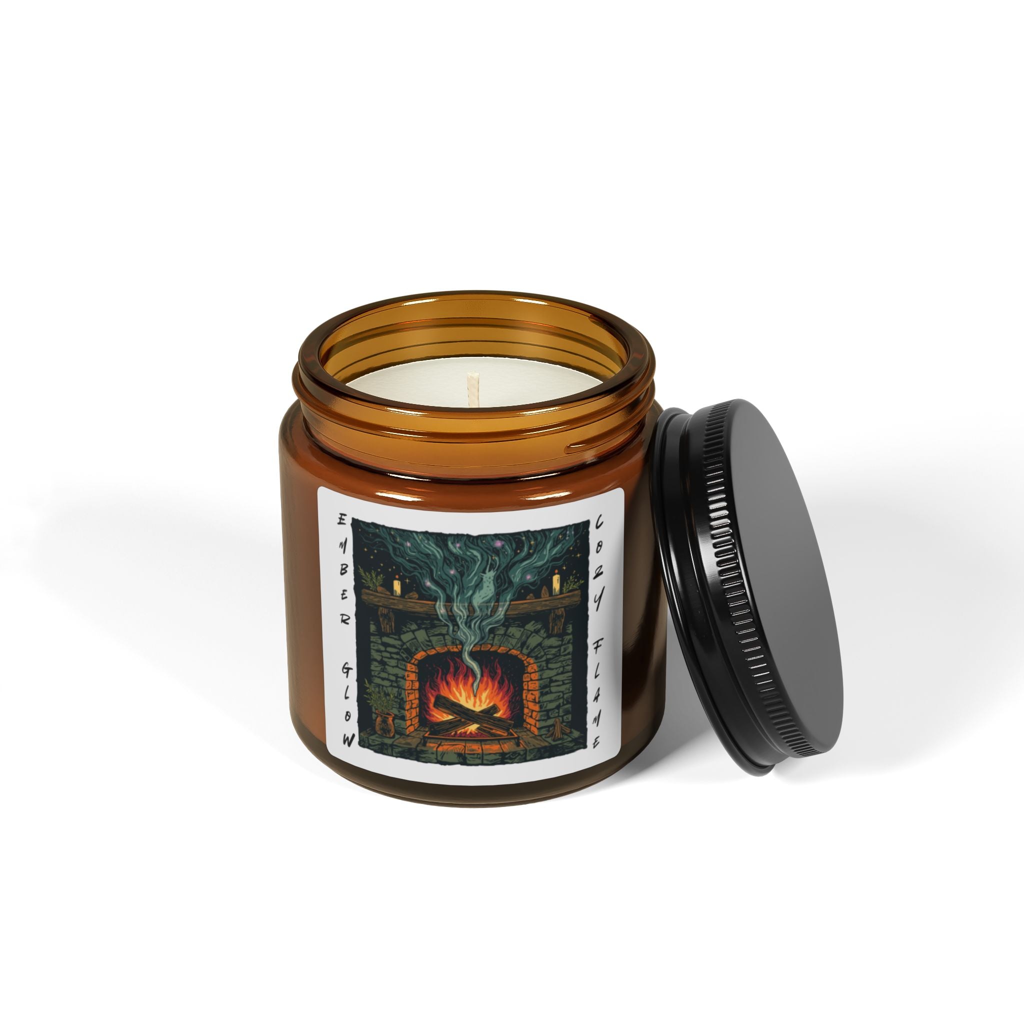Candle in an amber jar with a decorative label on a white background