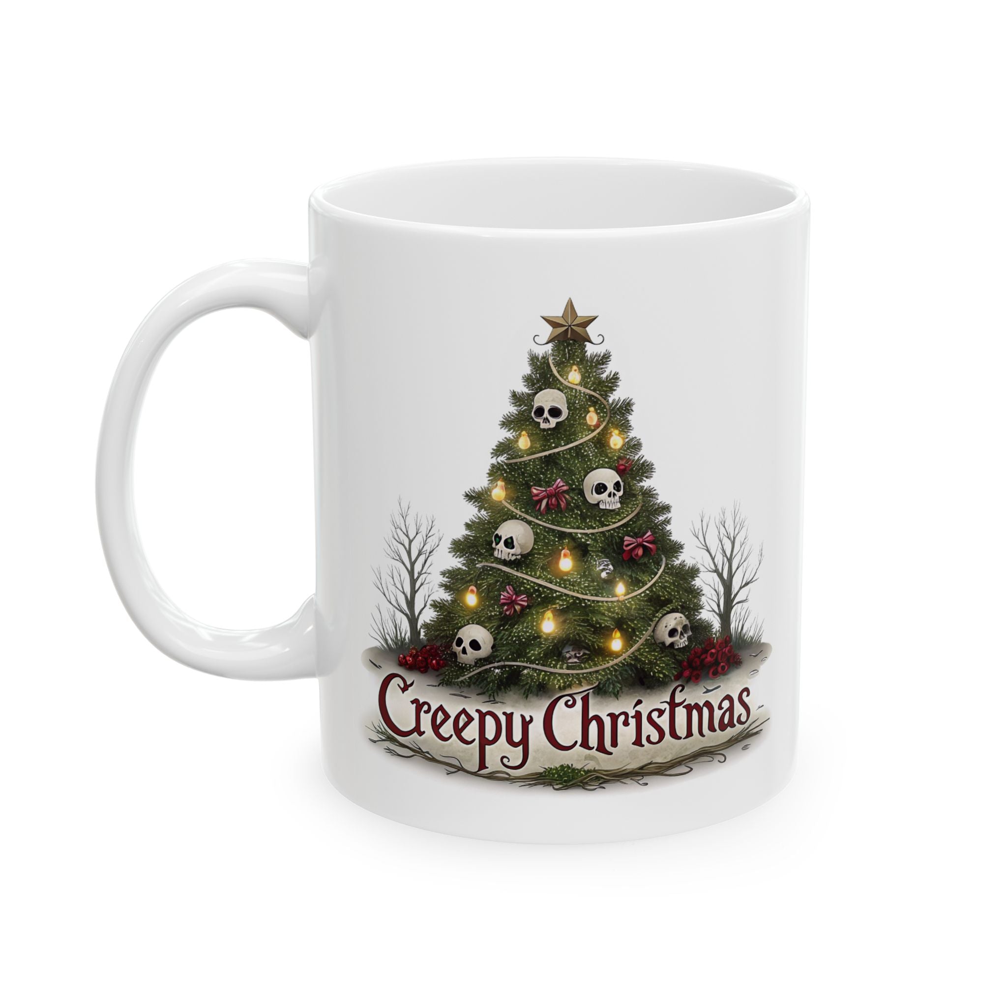 White mug with a Christmas tree design featuring skulls and lights, labeled 'Creepy Christmas'.