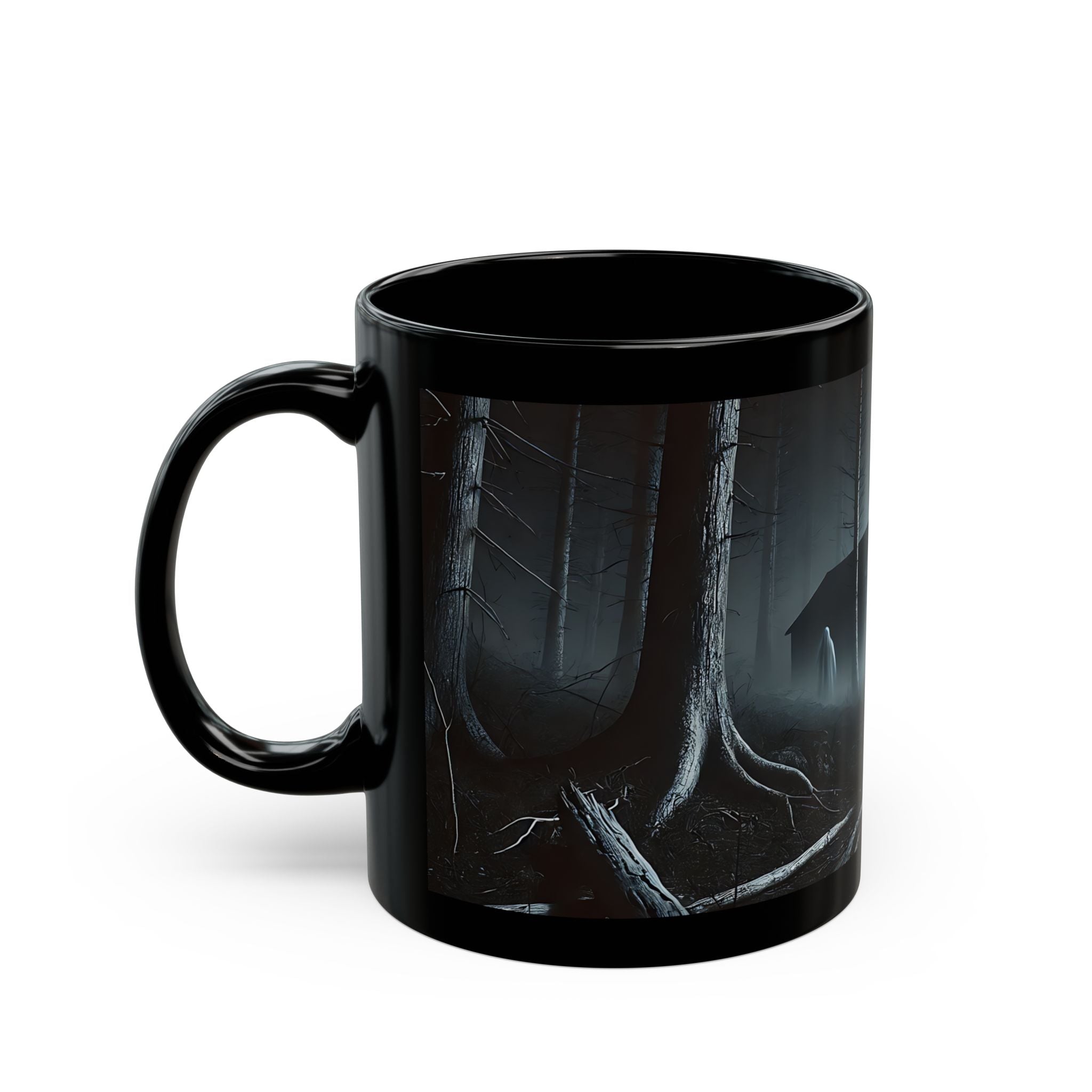 Black mug with a forest design on a white background