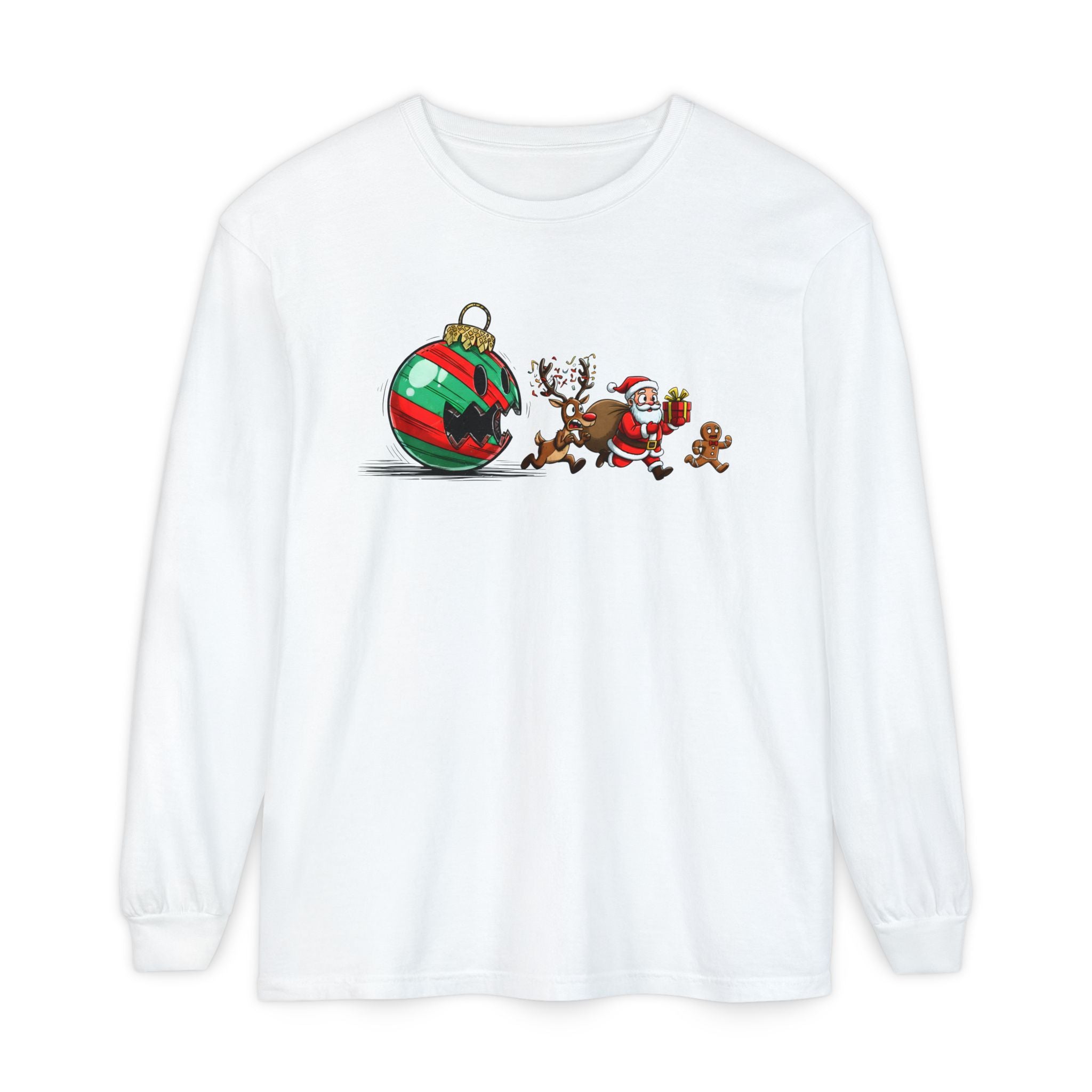 Garment-dyed long sleeve tee showing a giant striped ornament rolling across the chest, chased by Santa, two reindeer, and a gingerbread cookie, playful holiday chaos graphic, classic fit.