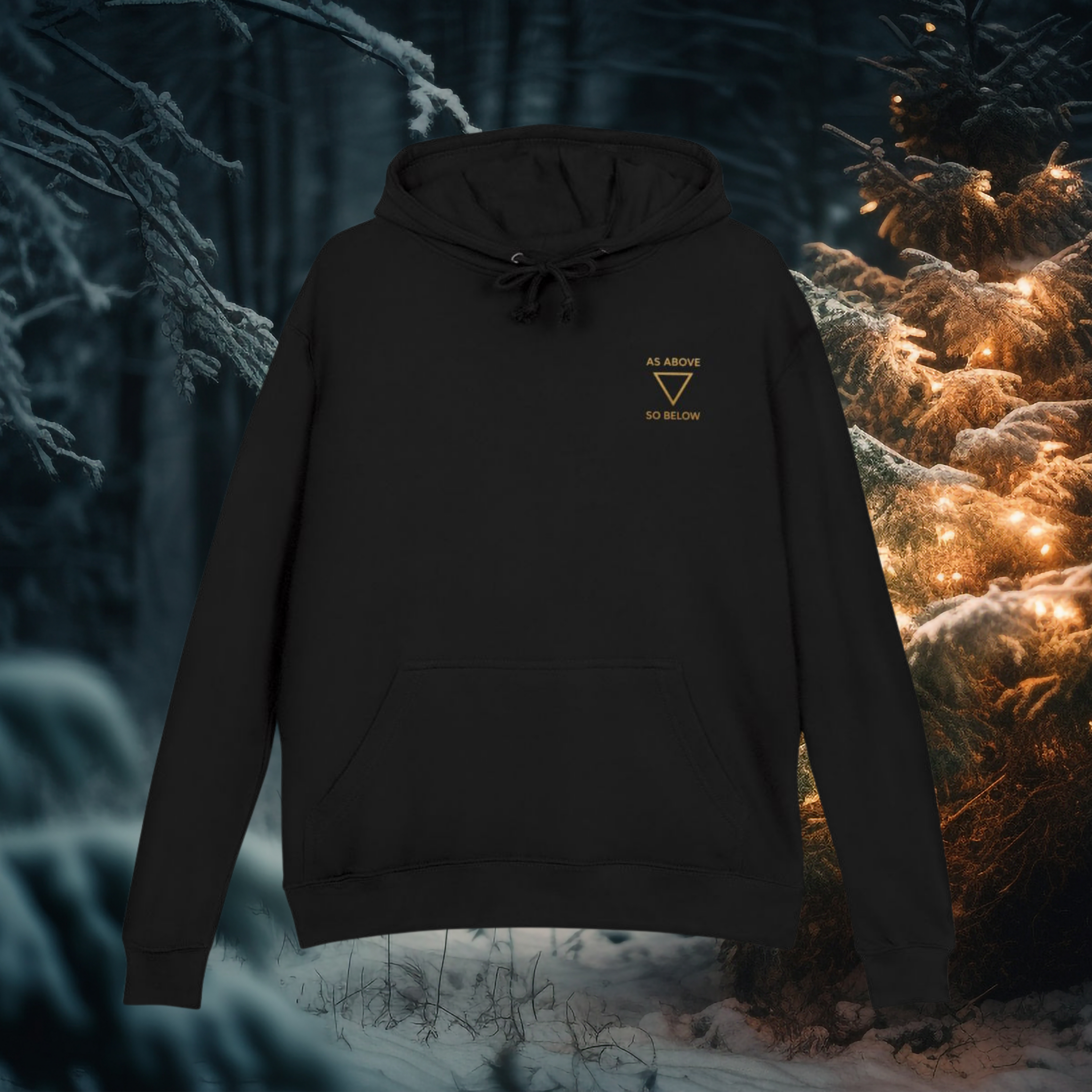 Soft French terry hoodie showing small corner chest emblem reading "As Above So Below", subtle minimalist front design, cozy fit, perfect mystical everyday pullover.