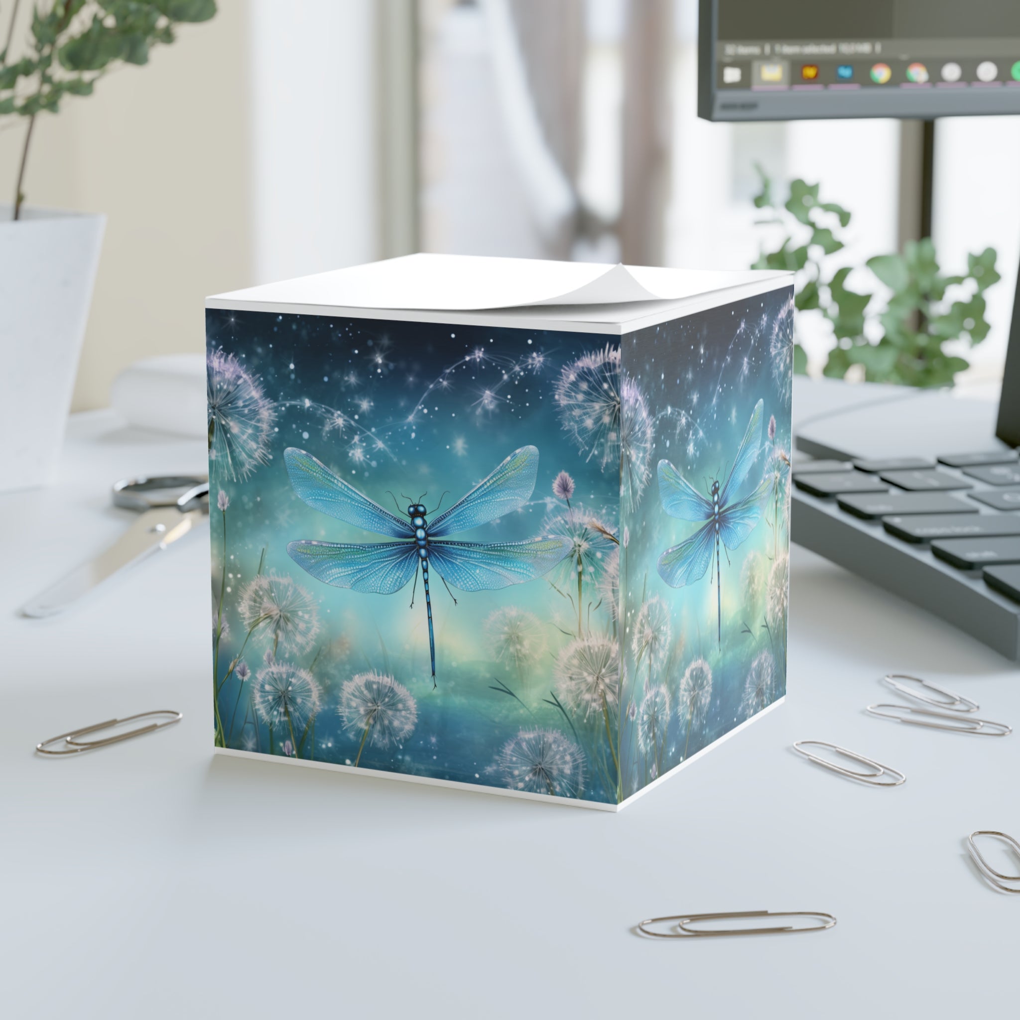 Whimsical Dragonfly floral note cube eco-friendly desk accessory