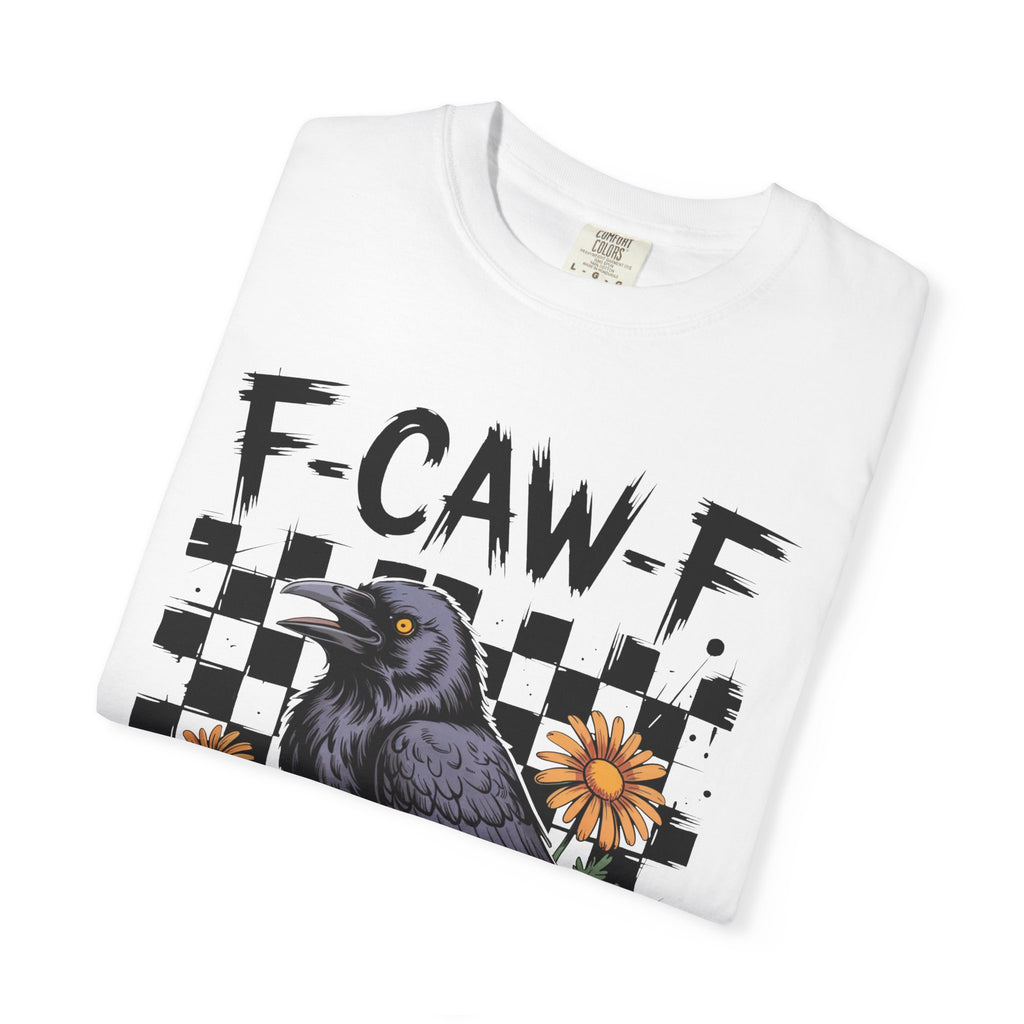Gothic raven illustration on casual vintage-style shirt