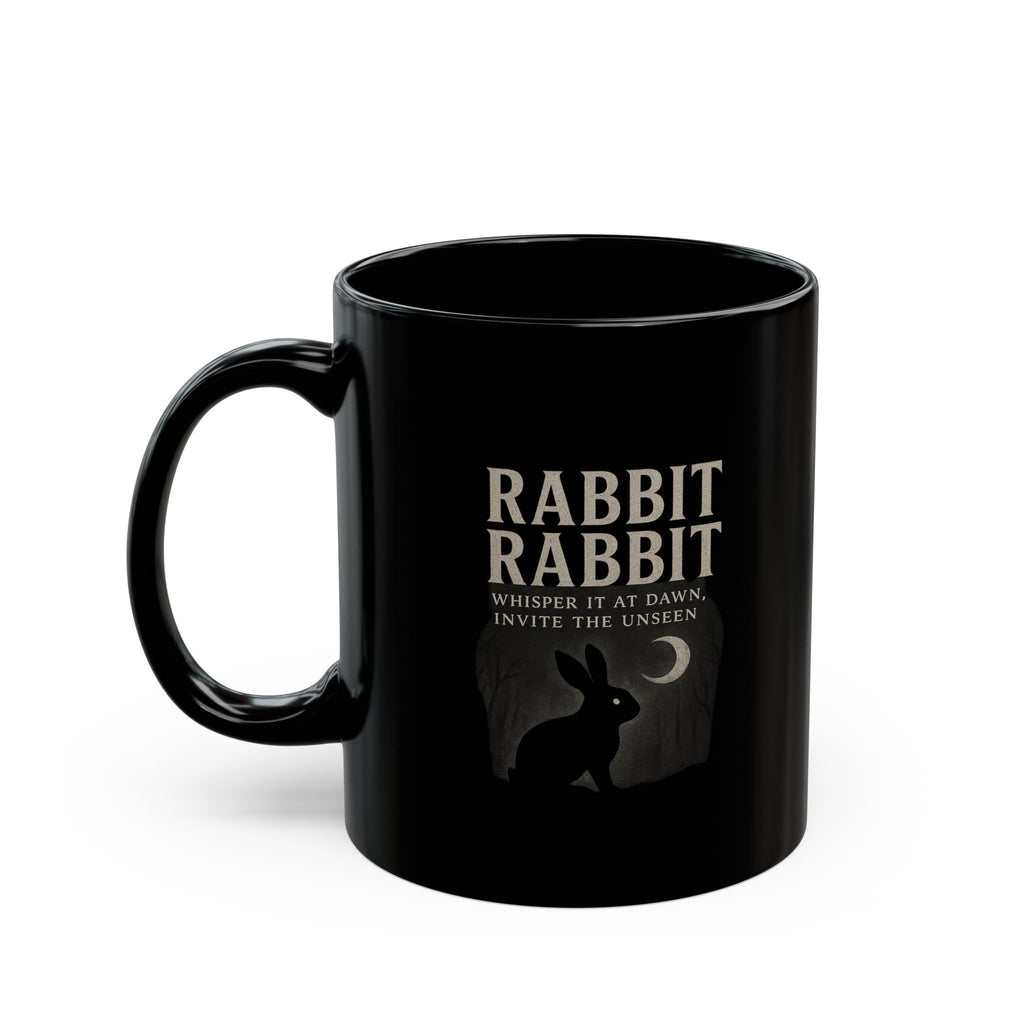 Front view of Rabbit Rabbit Black Mug highlighting spooky gothic artwork and handle