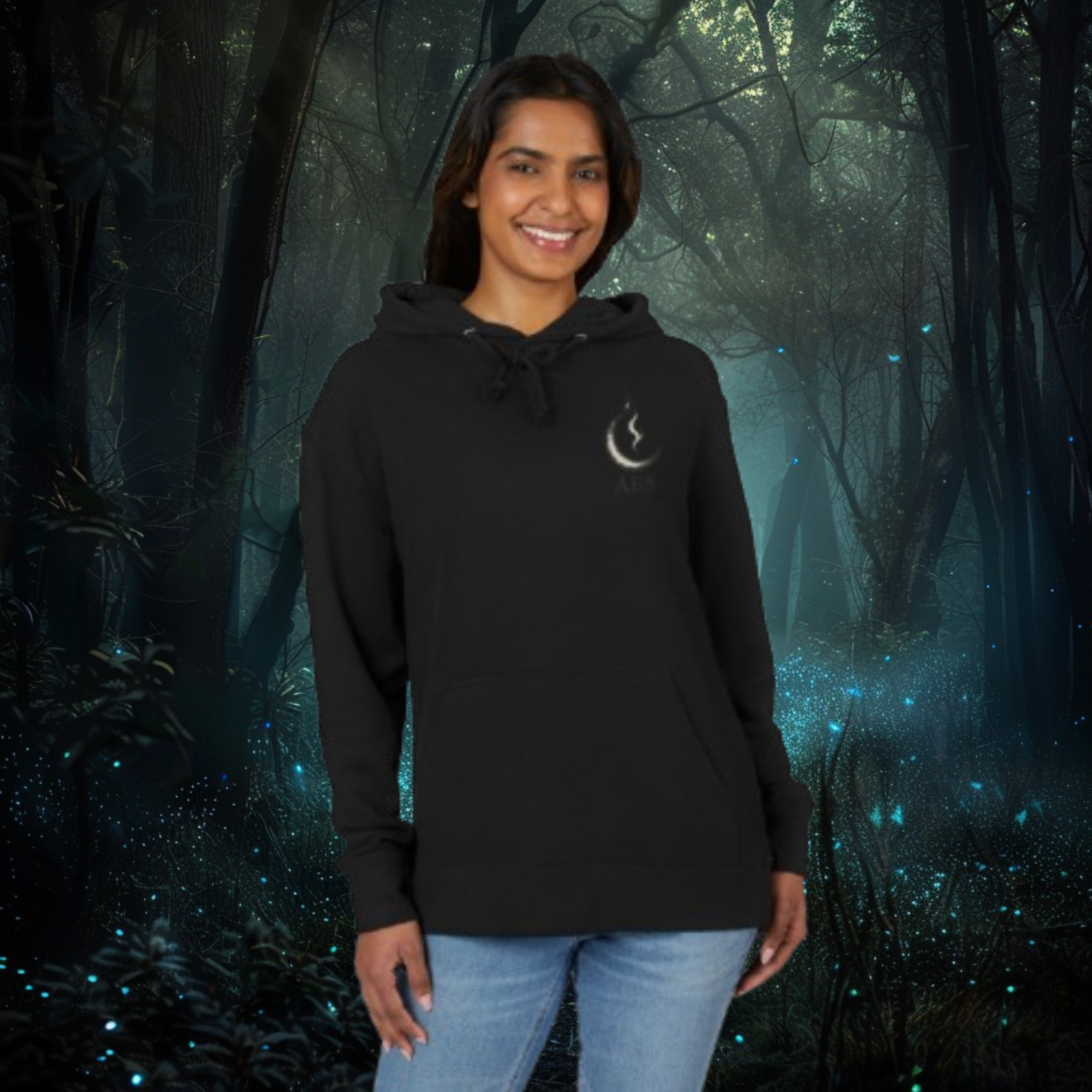 Model wearing Protect the Dolls hoodie styled with mystical and dark aesthetic outfit