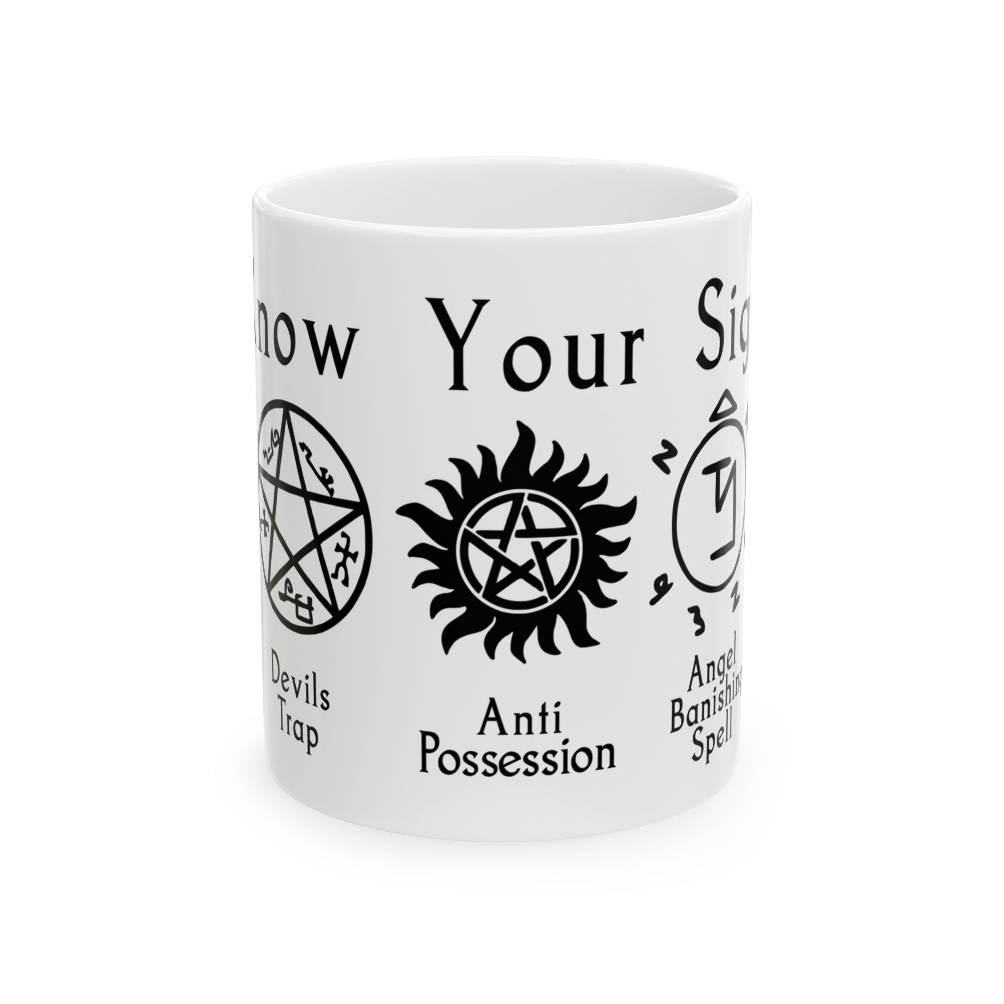Magical Symbols Ceramic Mug front view with occult designs