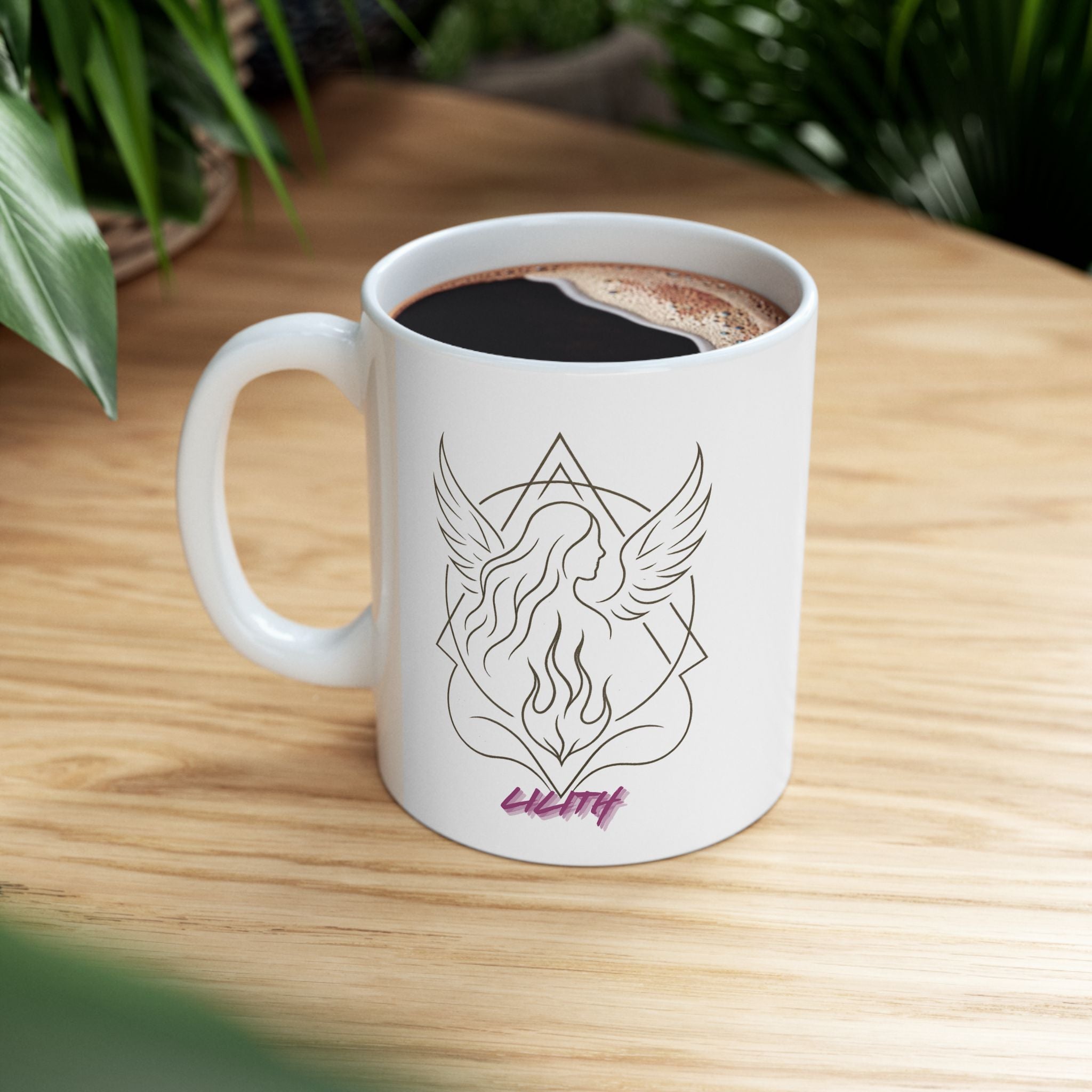 Front view of Lilith Mug featuring witchy occult design and dark mystical artwork