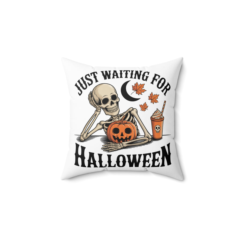 Decorative pillow with skeleton holding a pumpkin and text 'Just Waiting for Halloween' on a white background