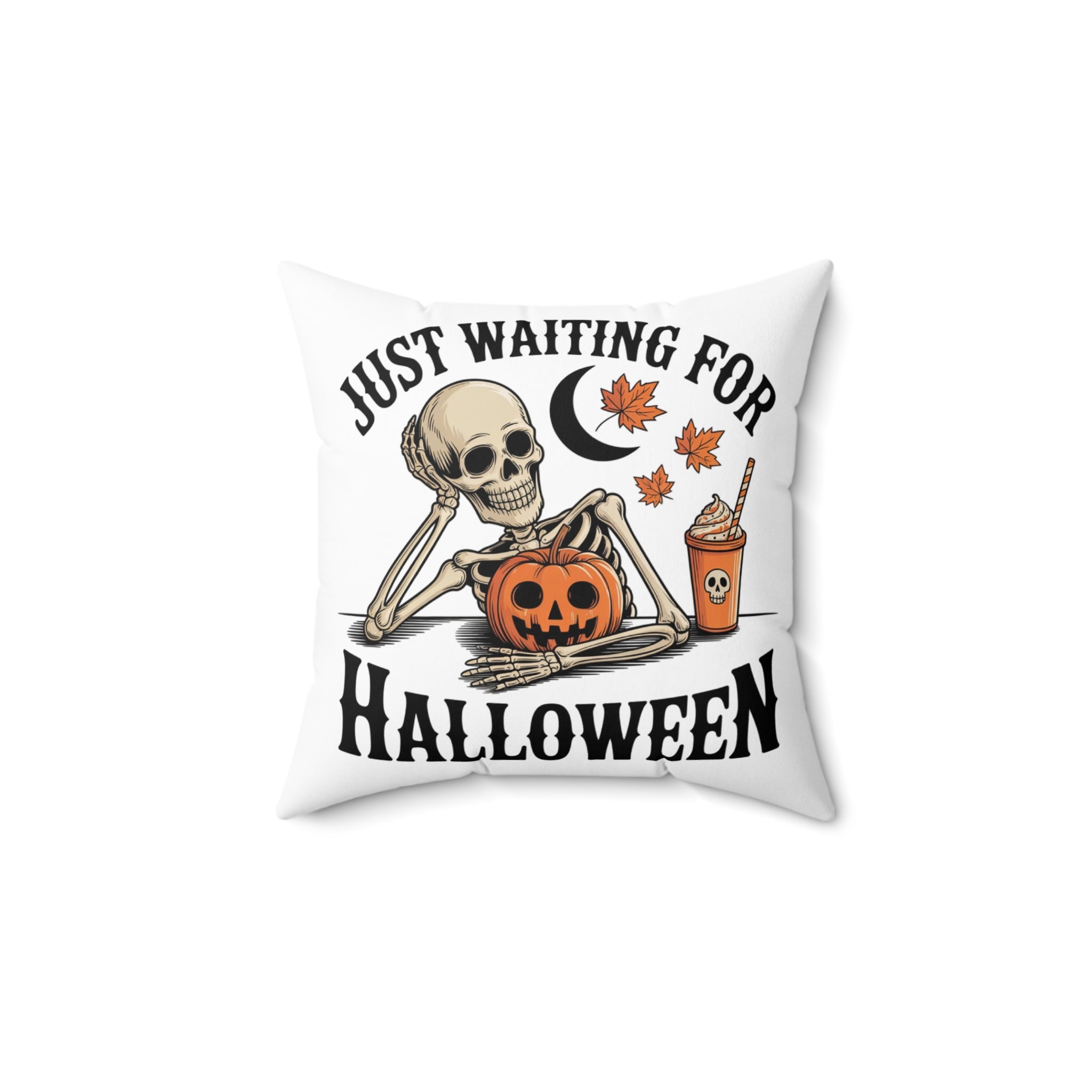 Decorative pillow with skeleton holding a pumpkin and text 'Just Waiting for Halloween' on a white background