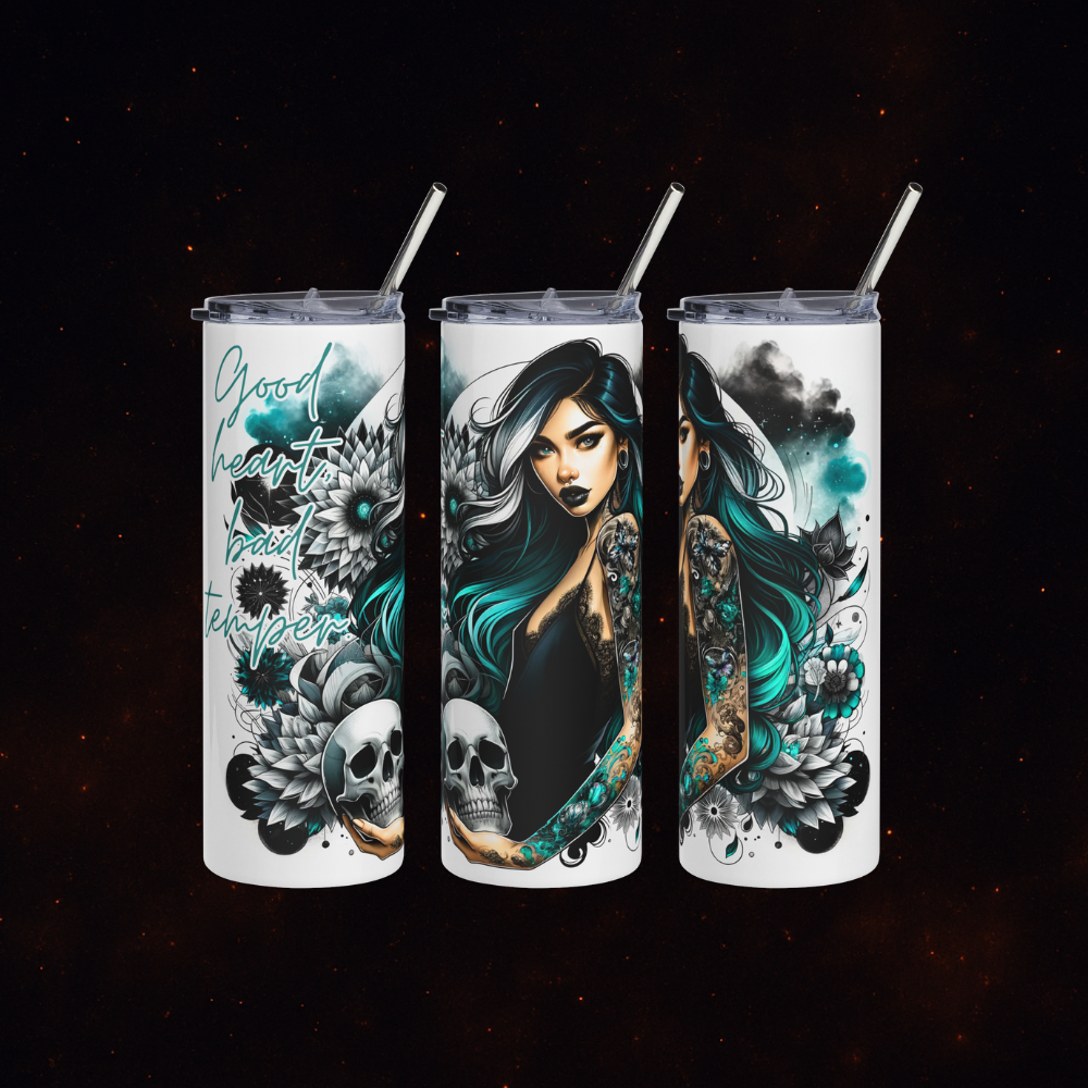 Good Heart Bad Temper Tumbler 🖤💀 | 20oz Stainless Steel Cup with Lid + Straw | Gothic Coffee & Potion Cup ✨☕
