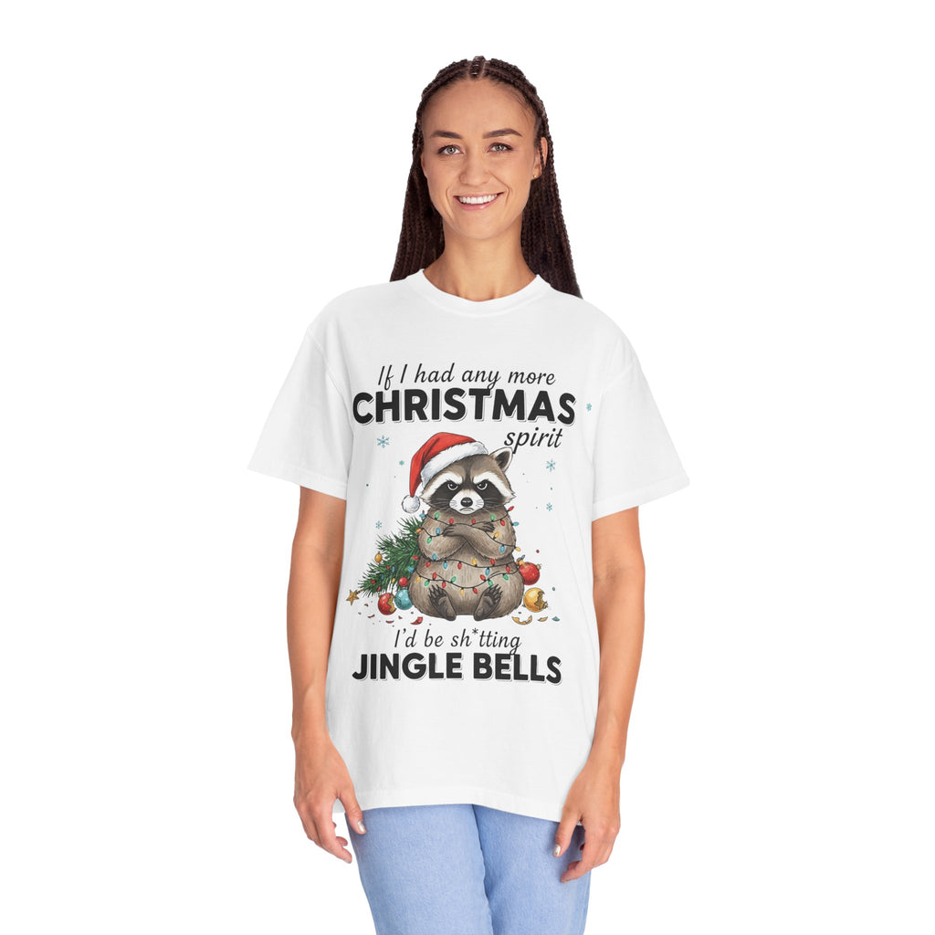 Model wearing the raccoon tee, cozy holiday vibe, raccoon tangled in lights visible, text readable, styled with festive decorations and relaxed winter atmosphere.