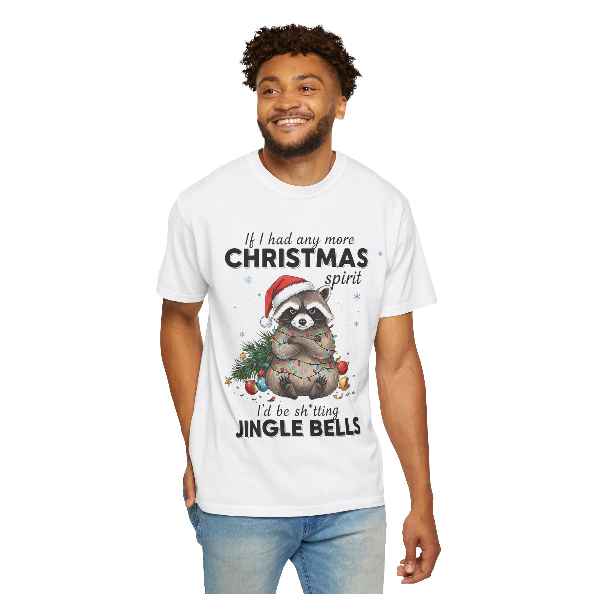 Person wearing a white t-shirt with a Christmas-themed graphic and text.