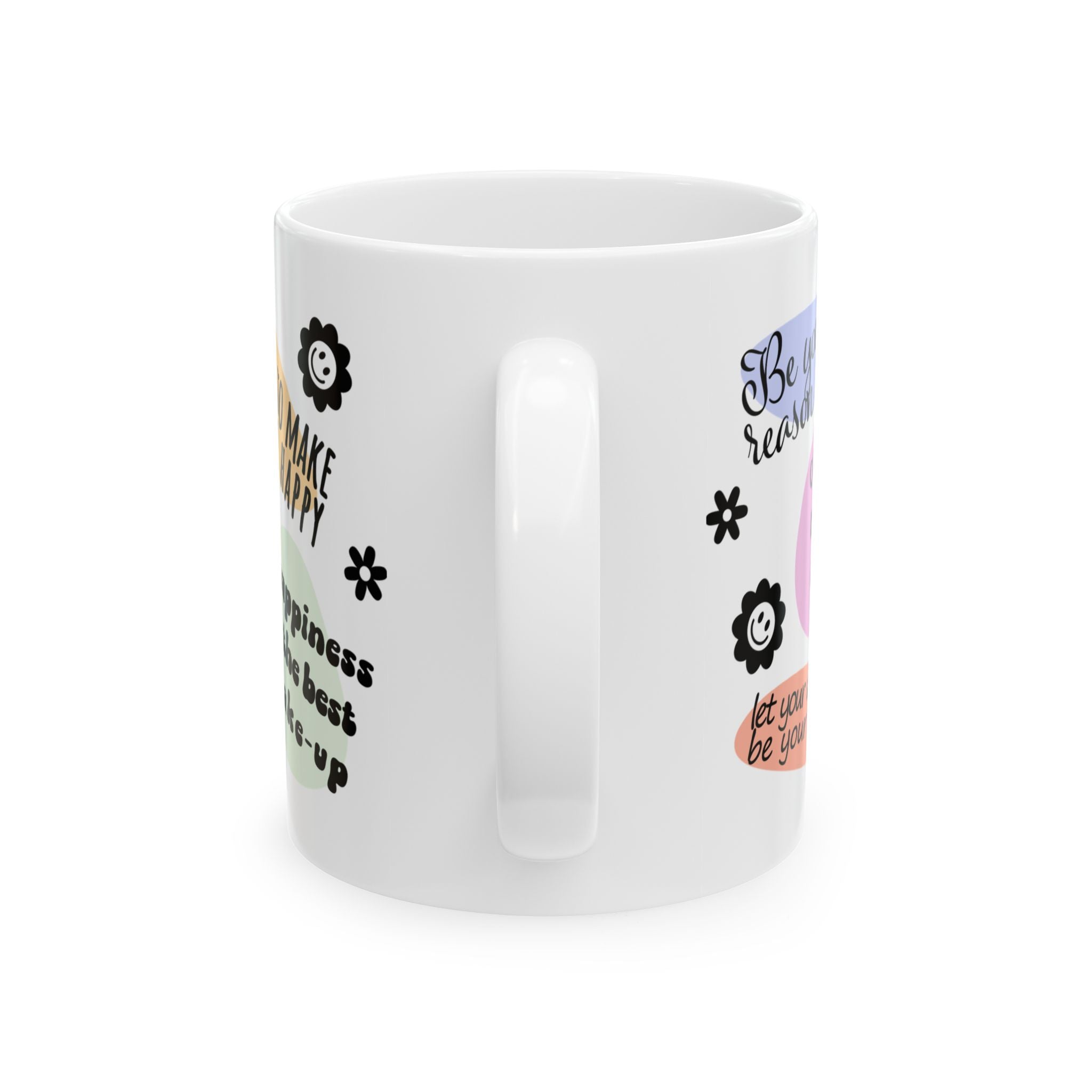 White mug with motivational phrases and designs on a white background