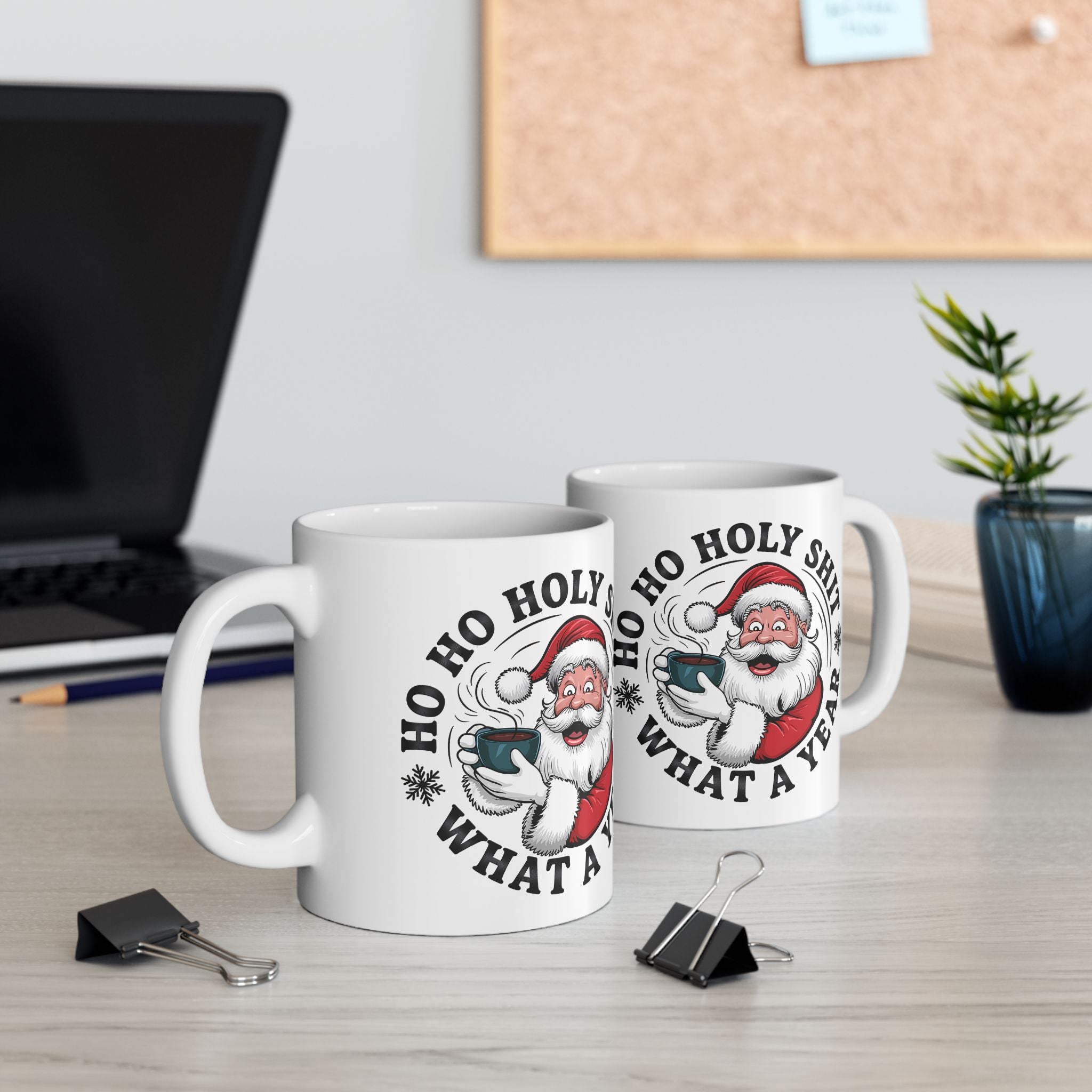 Side angles of the ceramic mug displaying the playful Santa illustration and circular holiday lettering, perfect funny Christmas coffee cup for gifting.