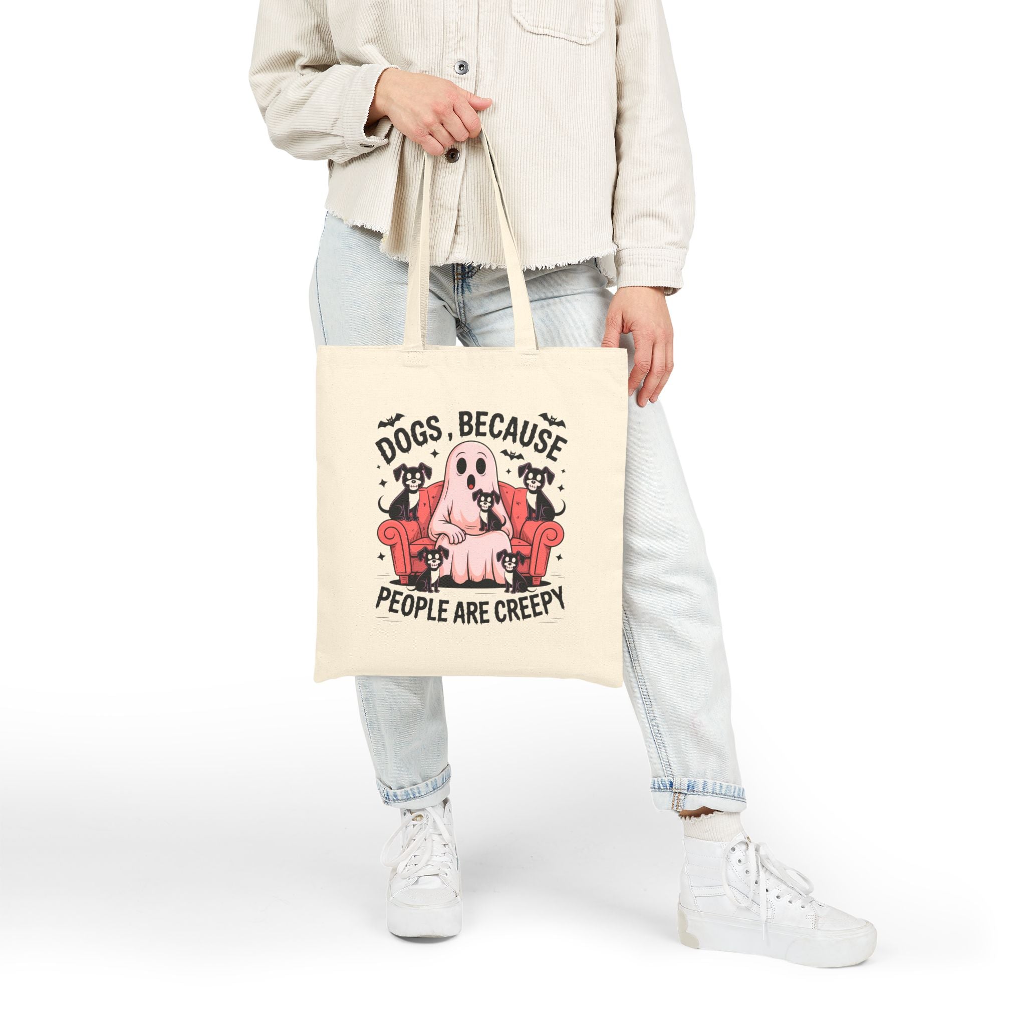 Darkly humorous tote celebrating dogs over humans