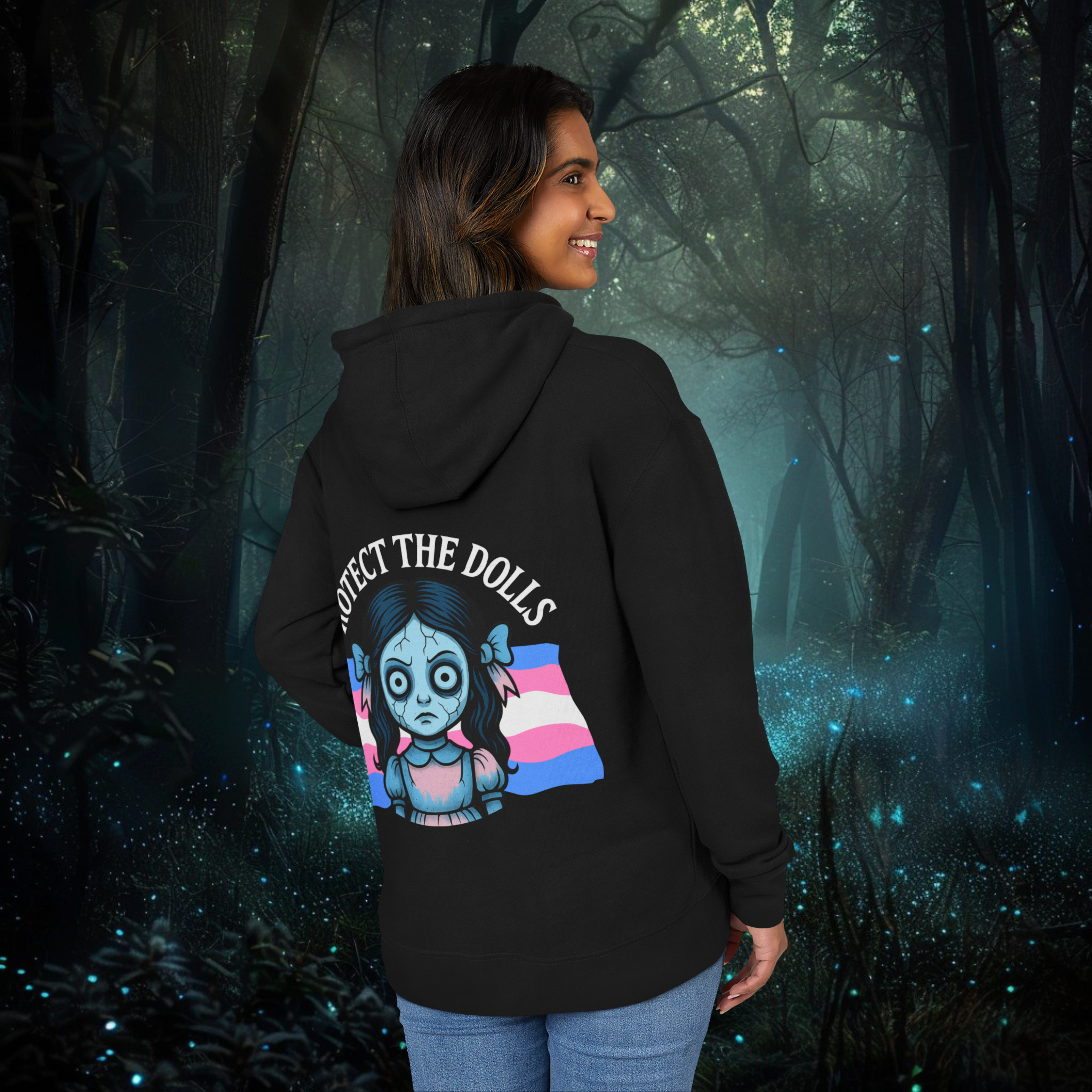 Detail shot of Protect the Dolls hoodie showing comfortable fit and occult-inspired graphics
