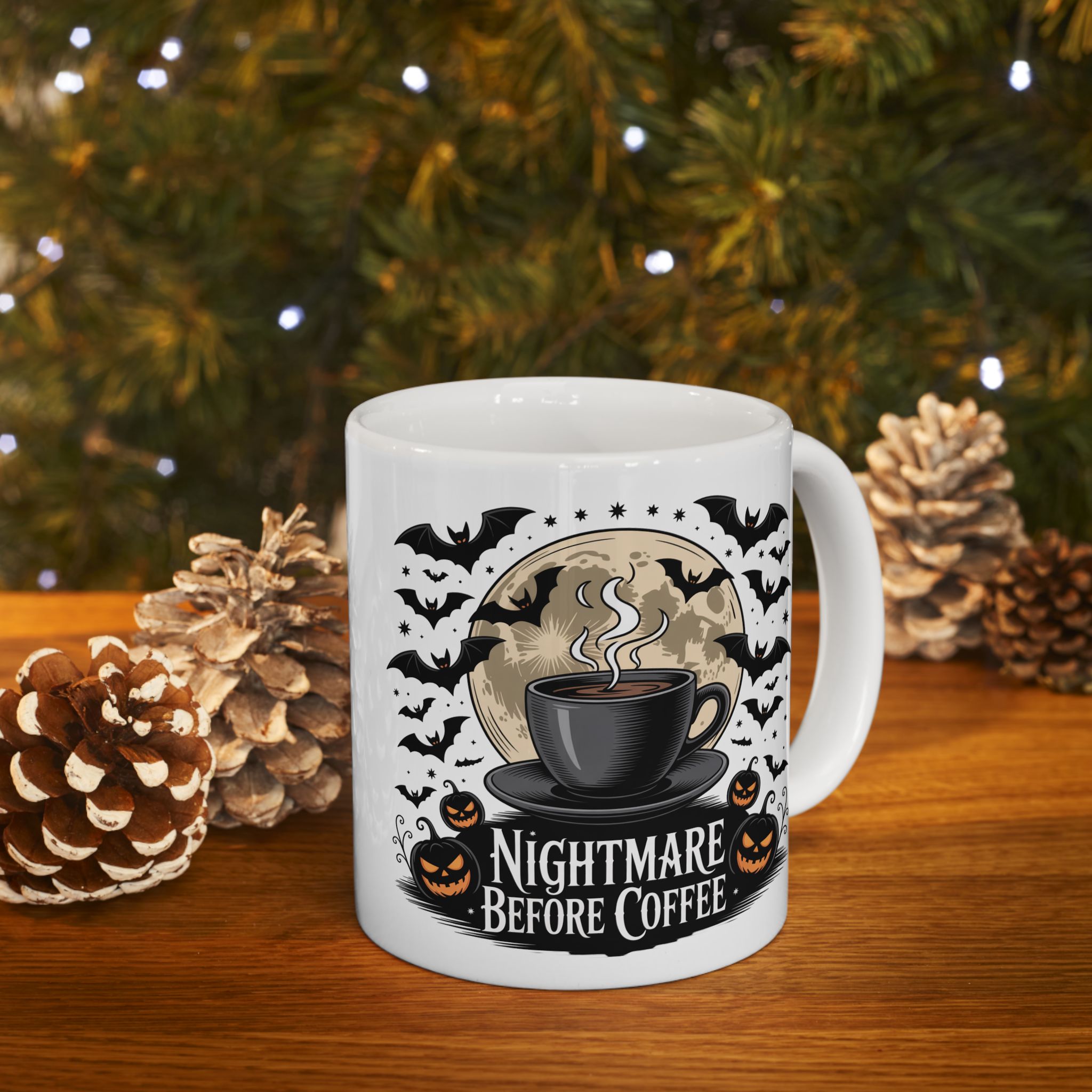 Spooky Halloween Ceramic Mug with pumpkin and bat design