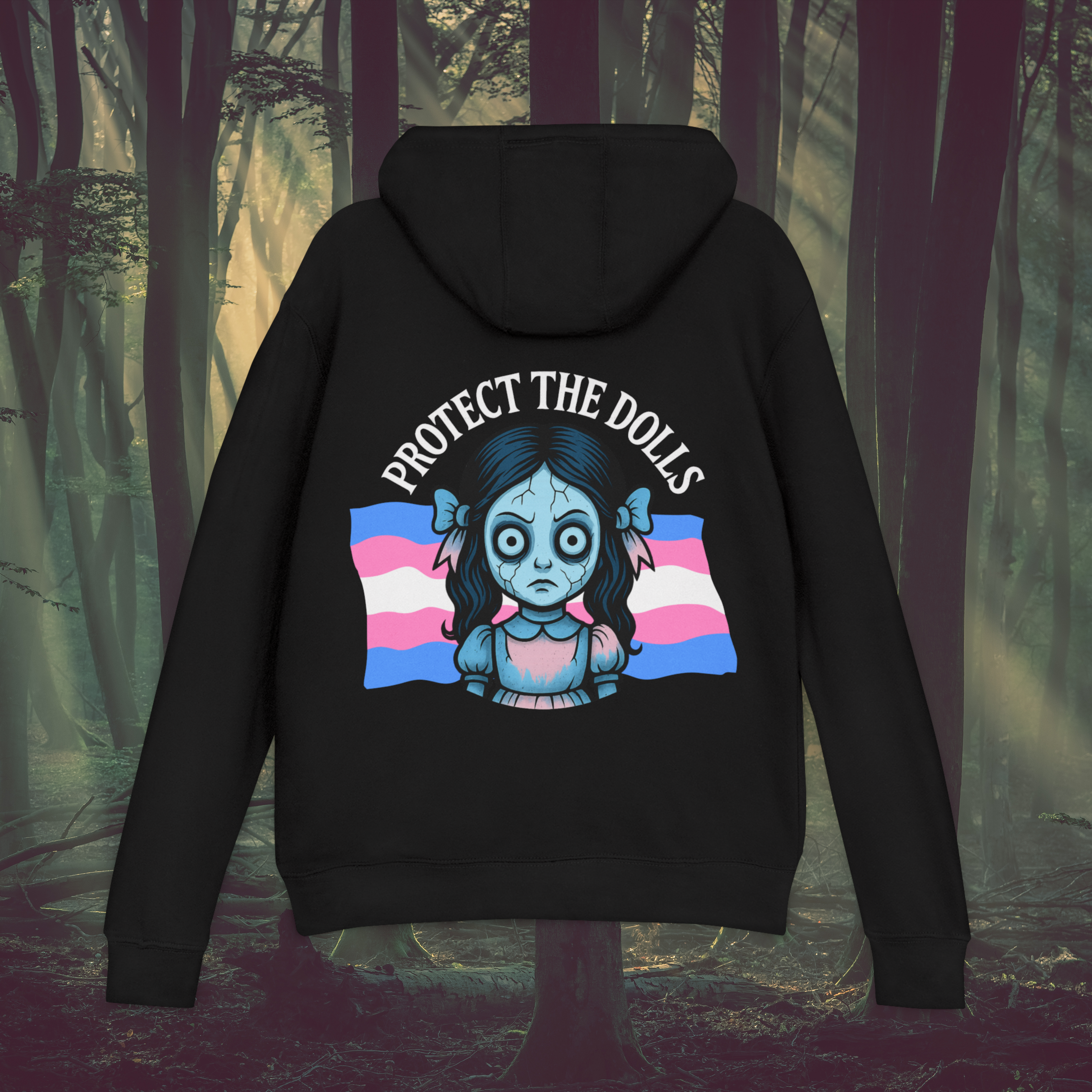 Back view of Protect the Dolls hoodie showing spooky occult-themed artwork