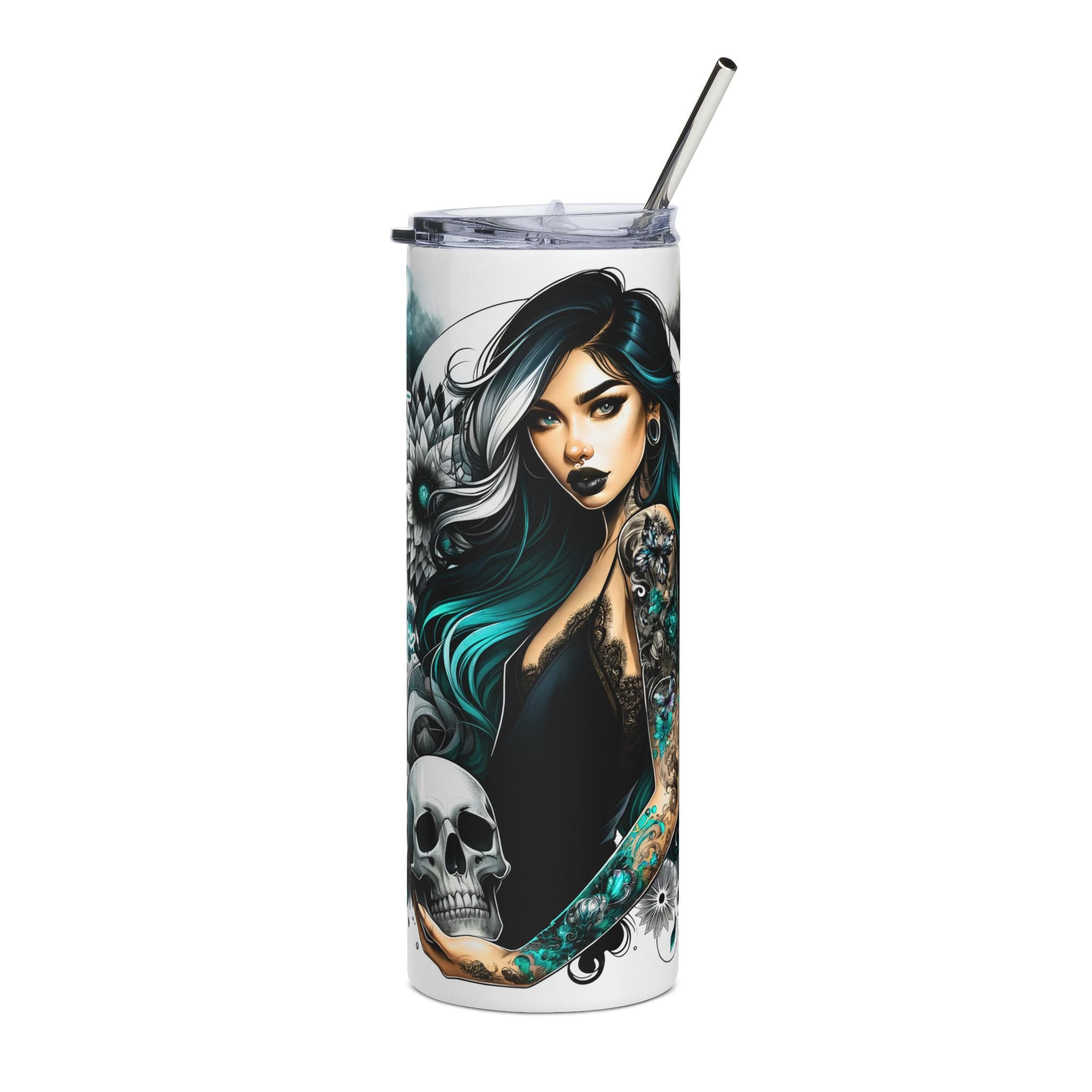 Travel mug featuring tattoo-inspired gothic floral artwork