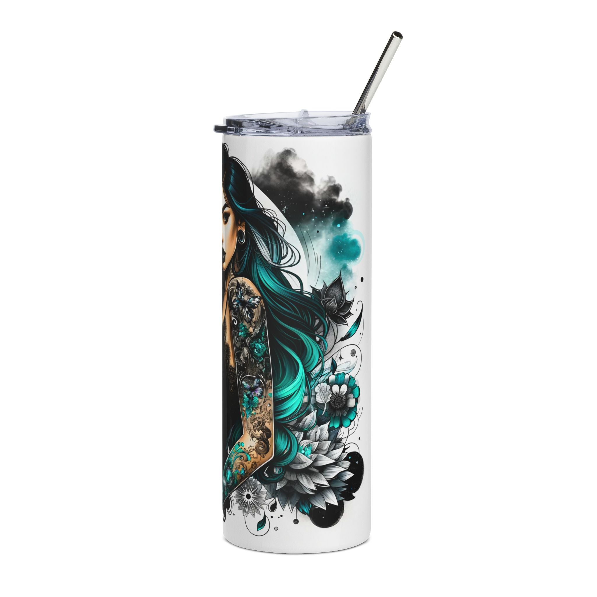 Side view of 20oz tumbler with dark aesthetic design