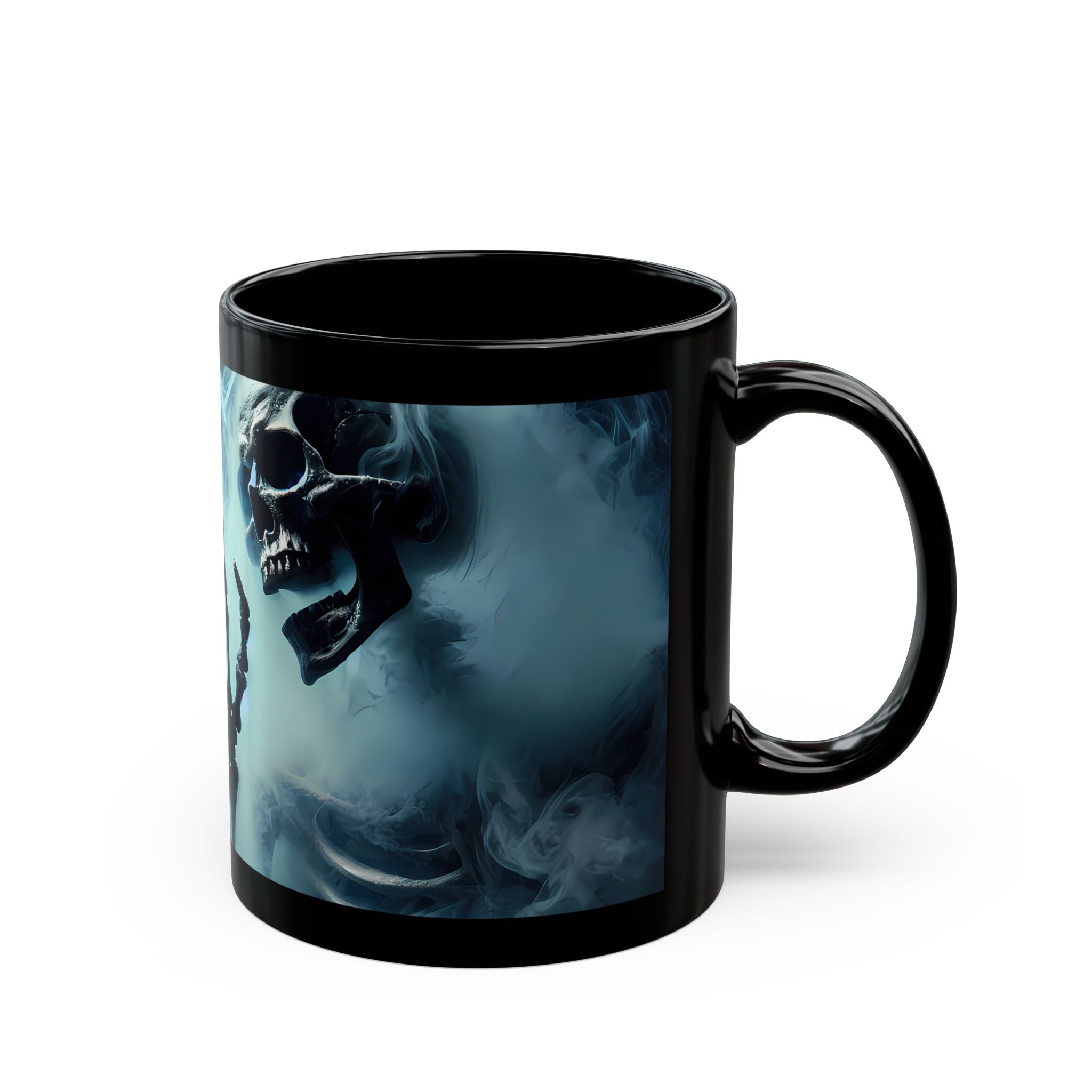 back view of Gothic skeleton mug for spooky Halloween drinkware